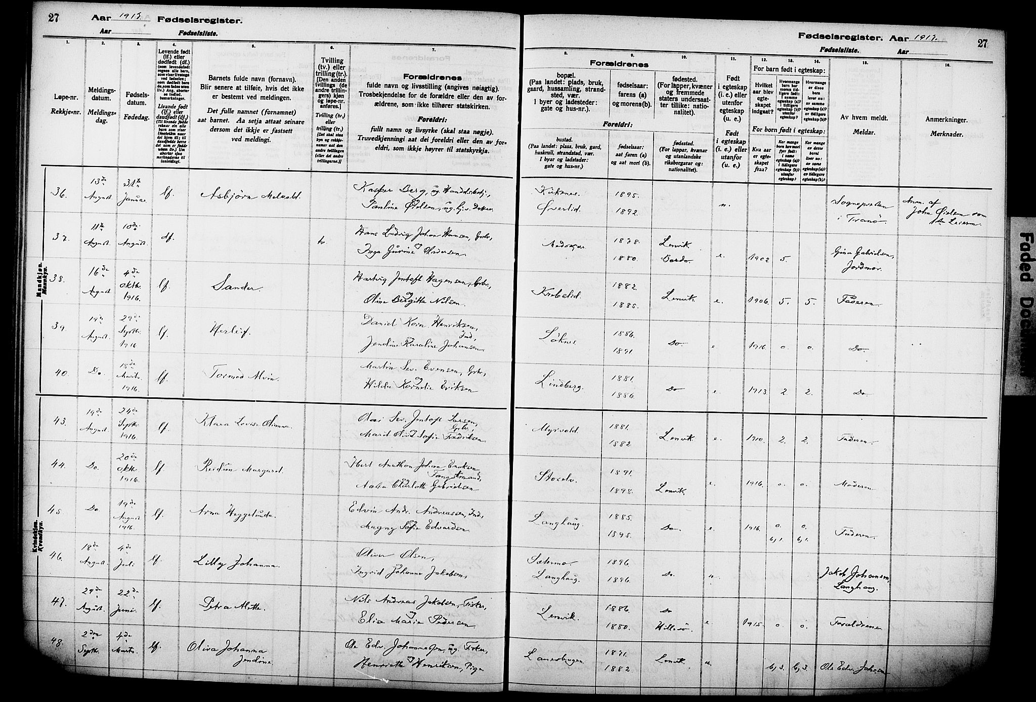 Lenvik sokneprestembete, AV/SATØ-S-1310/I/Ic/L0089: Fødselsregister nr. 89, 1916-1926, s. 27