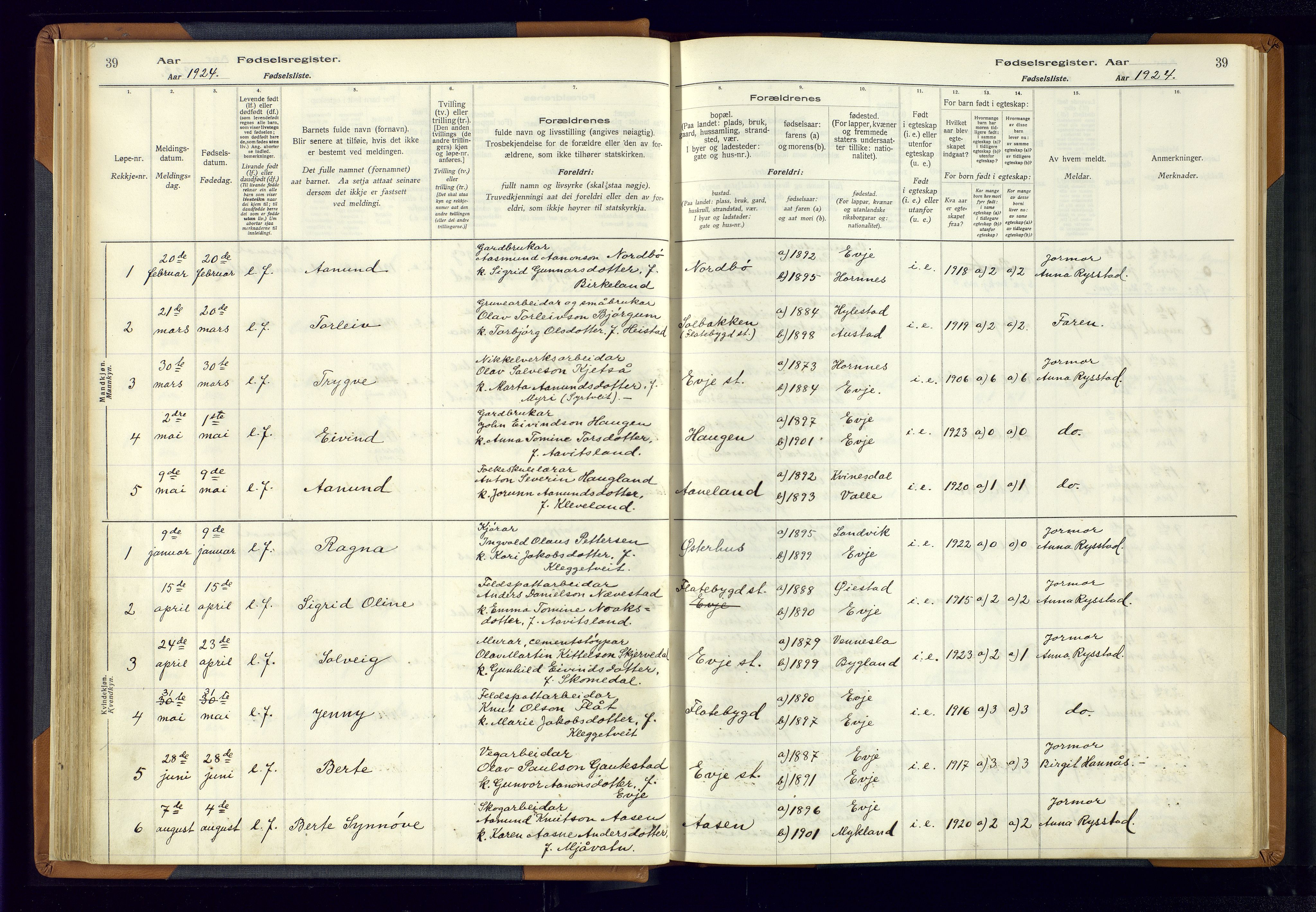 Evje sokneprestkontor, AV/SAK-1111-0008/J/Jc/L0004: Fødselsregister nr. 4, 1916-1968, s. 39