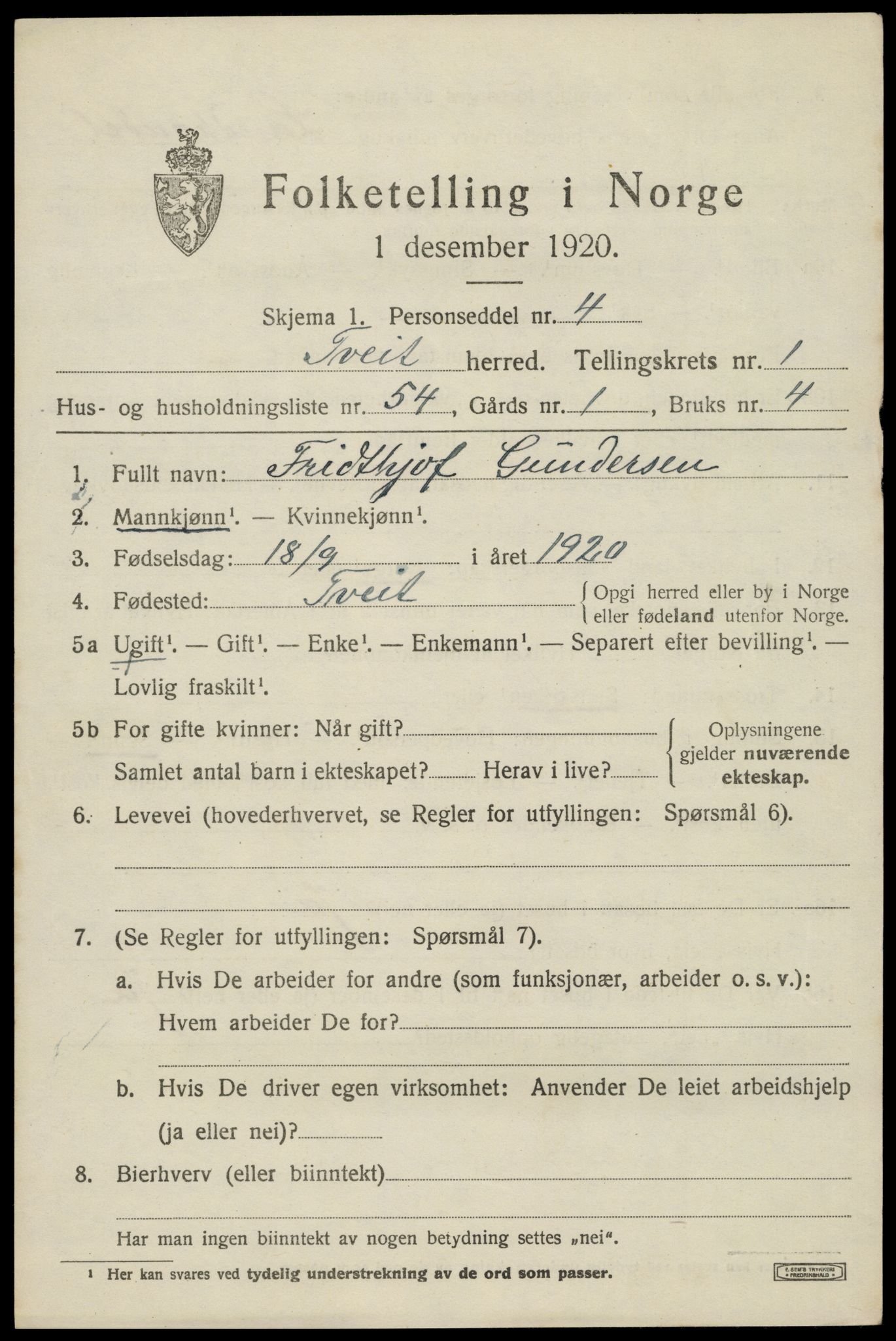 SAK, Folketelling 1920 for 1013 Tveit herred, 1920, s. 1218