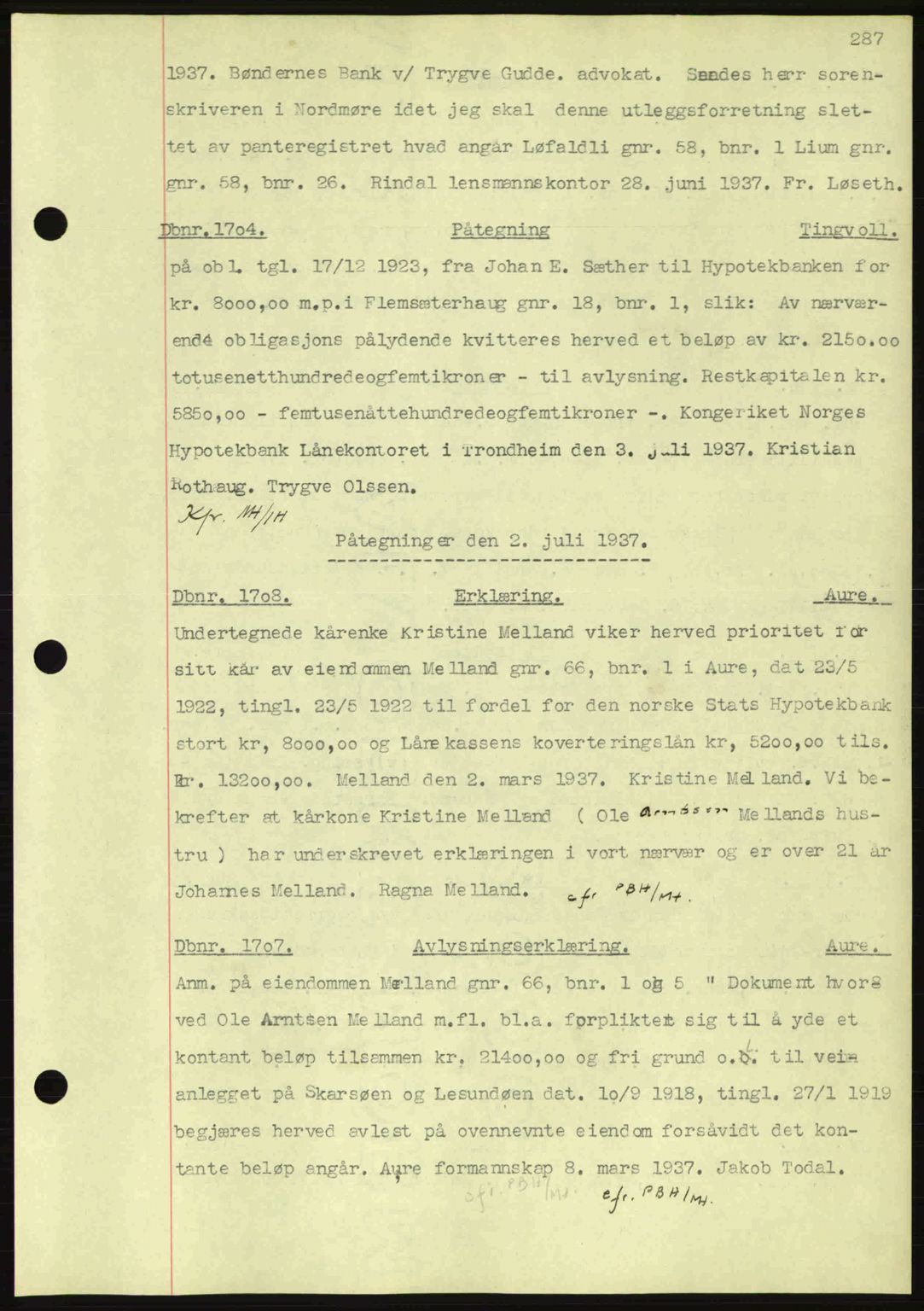 Nordmøre sorenskriveri, SAT/A-4132/1/2/2Ca: Pantebok nr. C80, 1936-1939, Dagboknr: 1704/1937