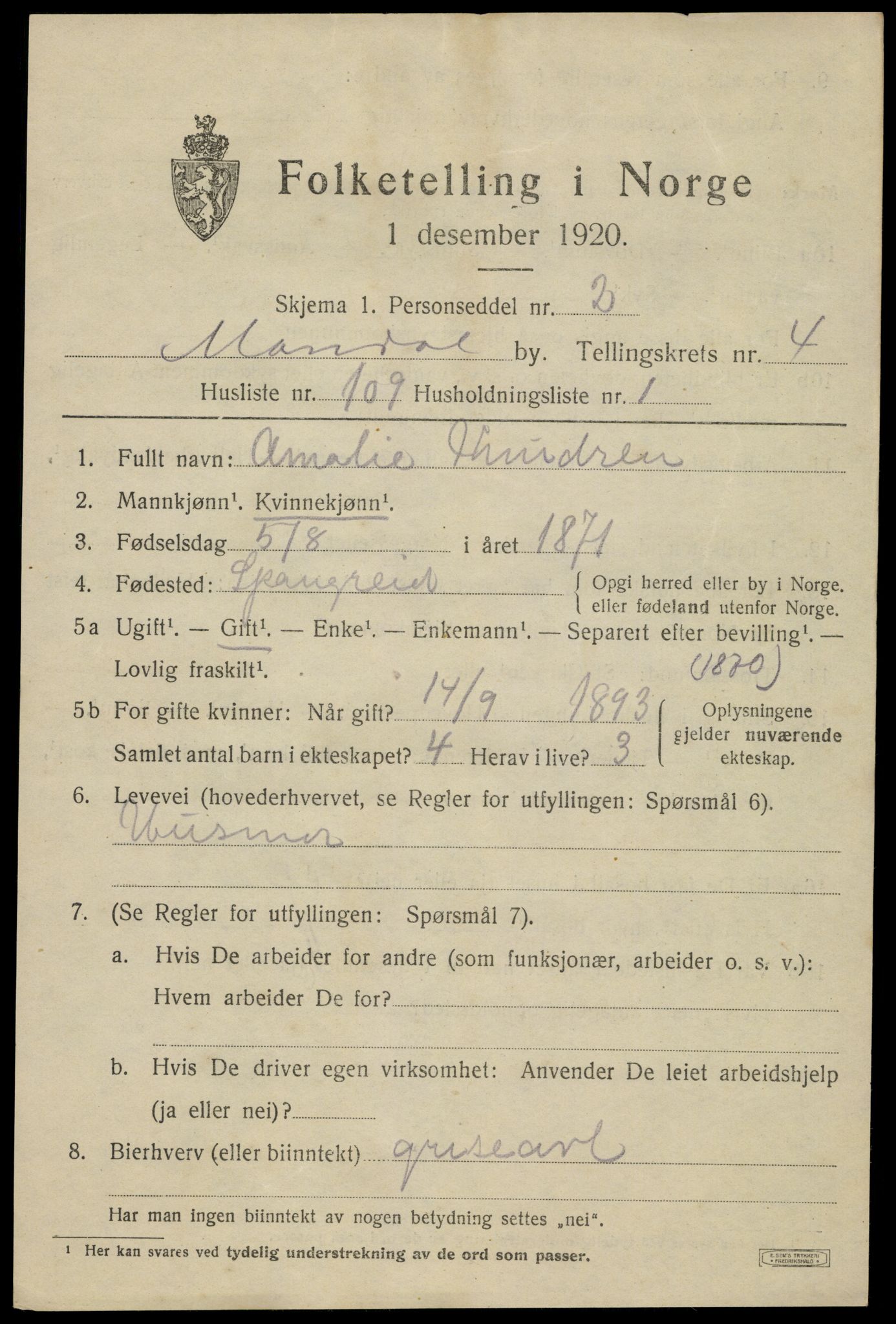 SAK, Folketelling 1920 for 1002 Mandal ladested, 1920, s. 8193