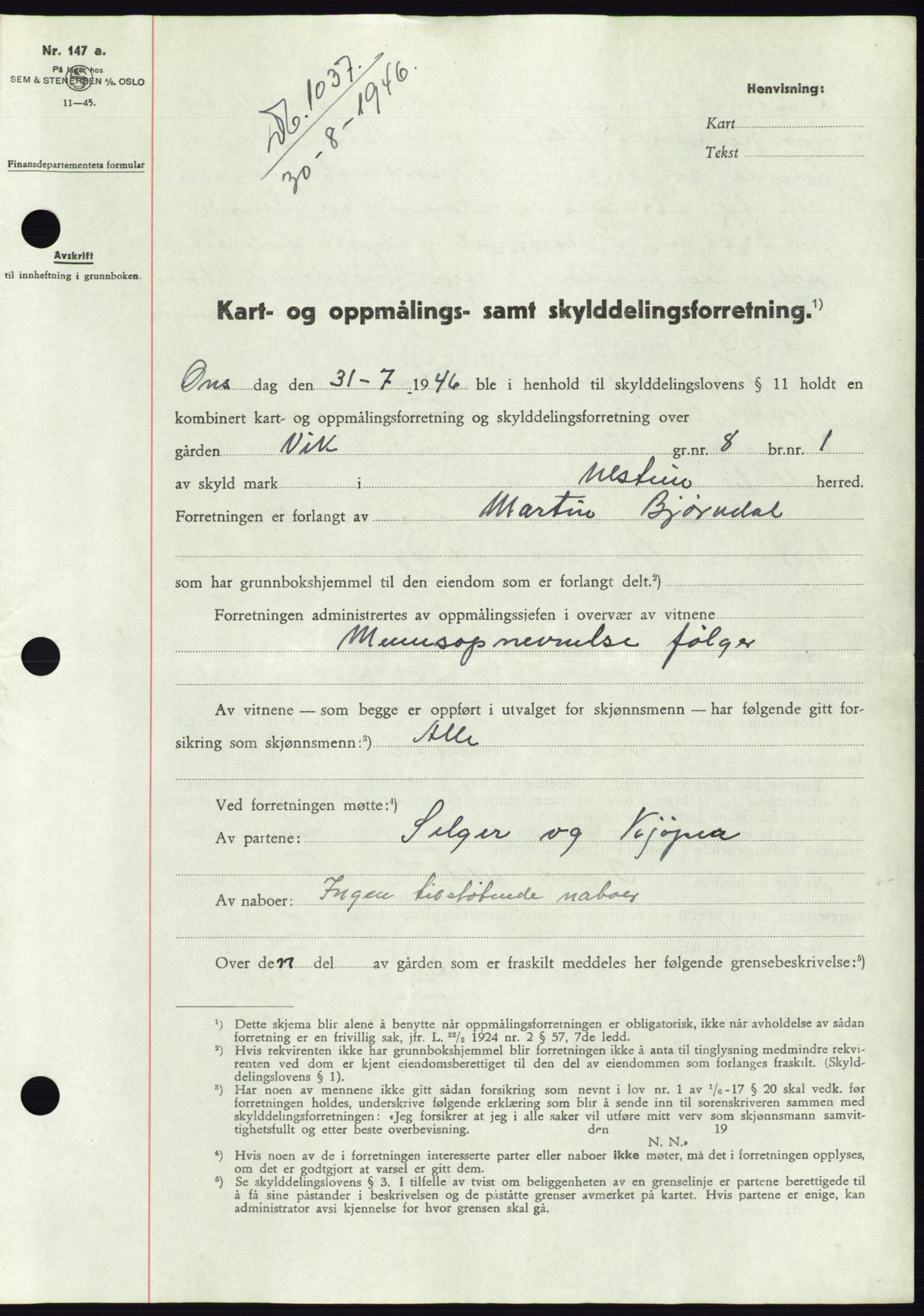 Søre Sunnmøre sorenskriveri, SAT/A-4122/1/2/2C/L0078: Pantebok nr. 4A, 1946-1946, Dagboknr: 1037/1946