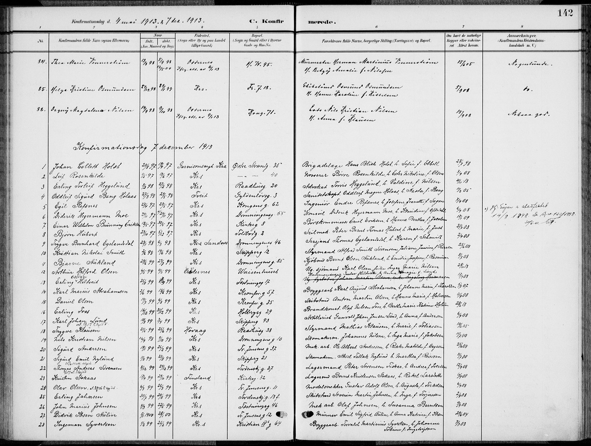 Kristiansand domprosti, AV/SAK-1112-0006/F/Fa/L0022: Ministerialbok nr. A 21, 1905-1916, s. 142