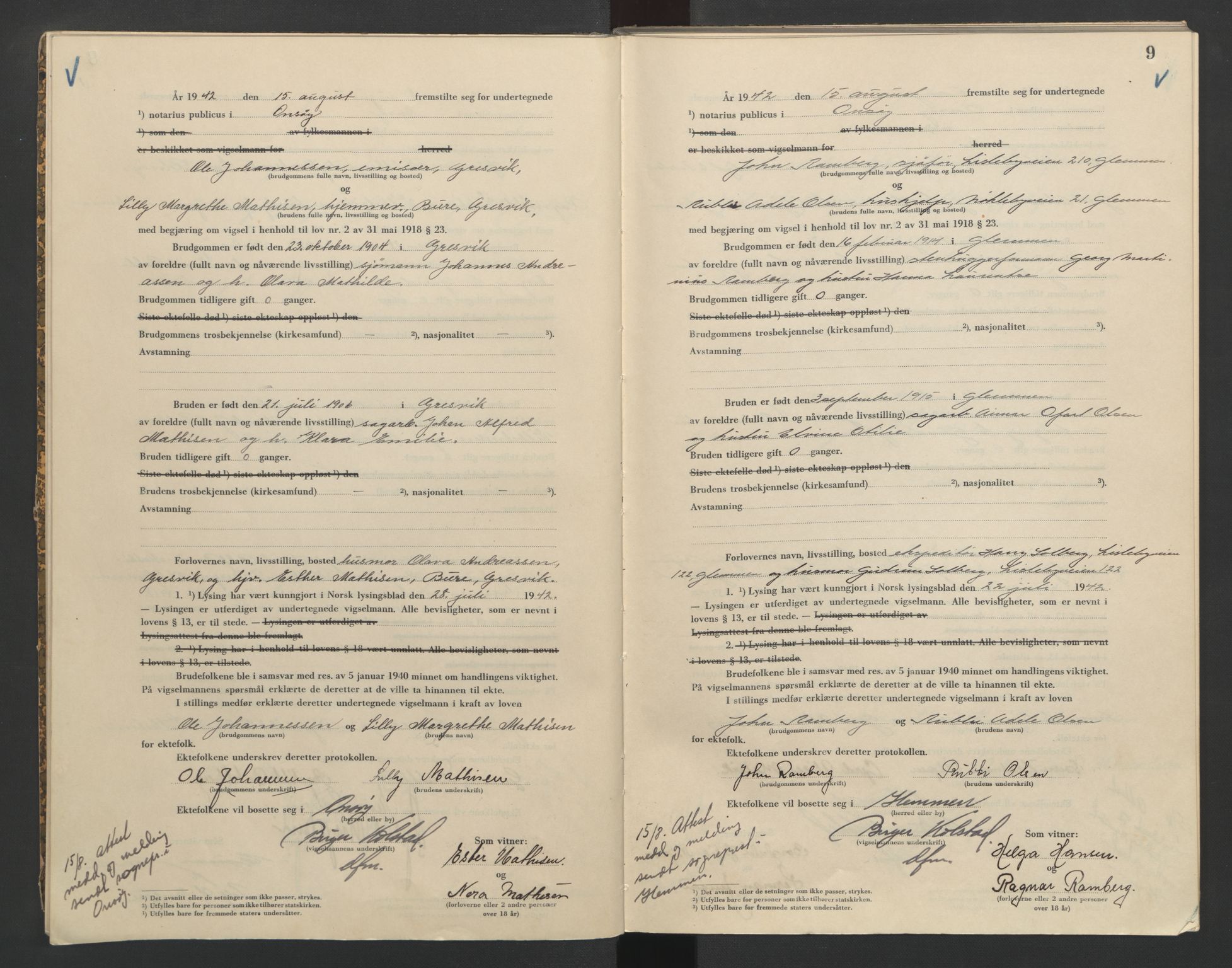 Onsøy sorenskriveri, AV/SAO-A-10474/L/La/L0002: Vigselsbok, 1942-1943, s. 9