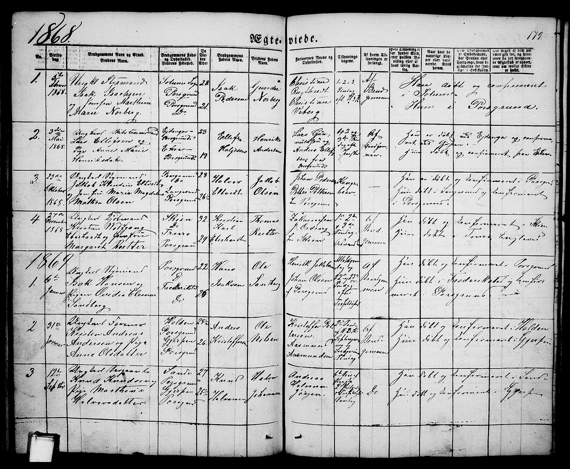 Porsgrunn kirkebøker , AV/SAKO-A-104/G/Ga/L0002: Klokkerbok nr. I 2, 1847-1877, s. 179