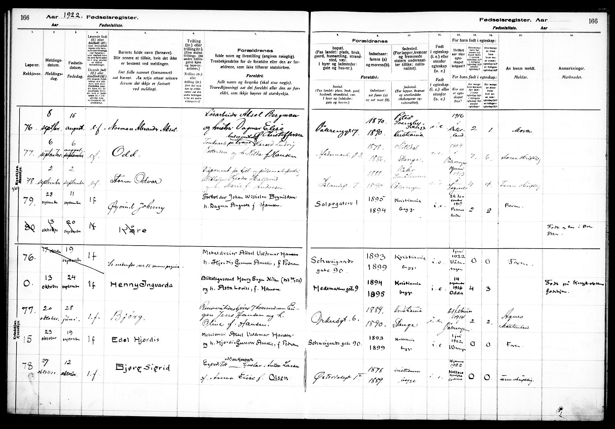 Vålerengen prestekontor Kirkebøker, AV/SAO-A-10878/J/Ja/L0001: Fødselsregister nr. 1, 1916-1924, s. 166