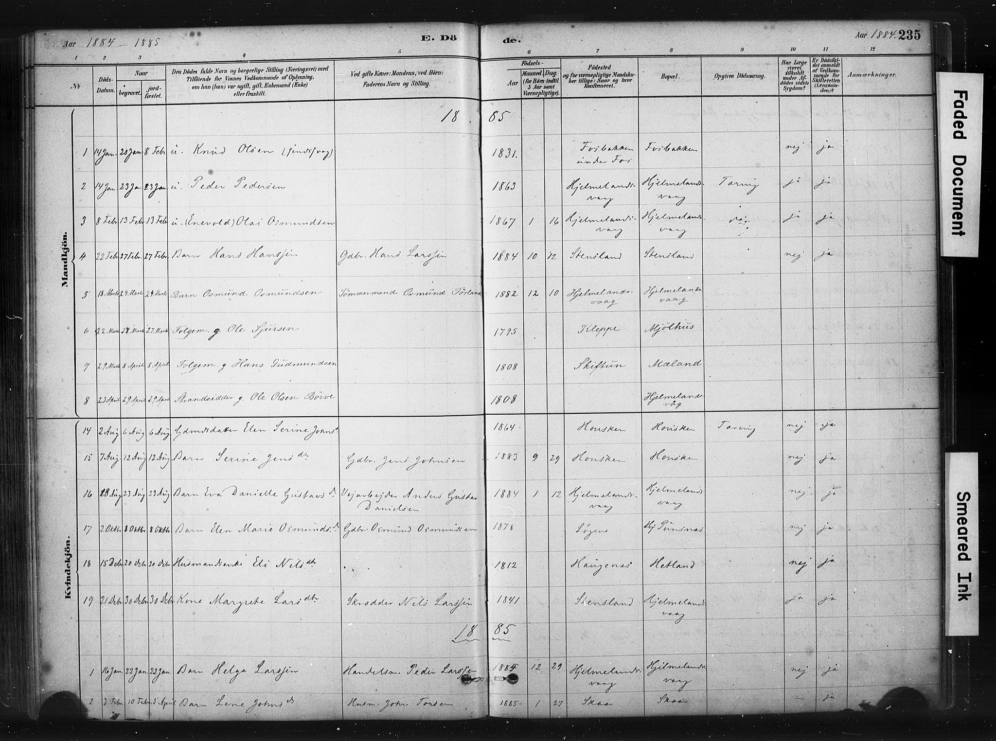 Hjelmeland sokneprestkontor, AV/SAST-A-101843/01/IV/L0014: Ministerialbok nr. A 14, 1879-1900, s. 235