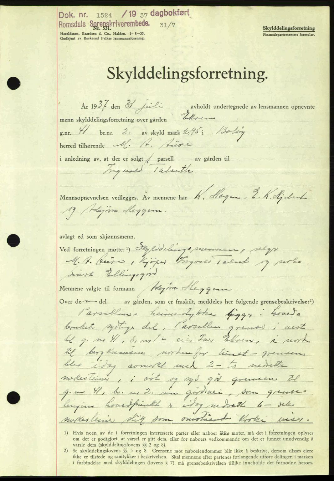 Romsdal sorenskriveri, SAT/A-4149/1/2/2C: Pantebok nr. A3, 1937-1937, Dagboknr: 1524/1937