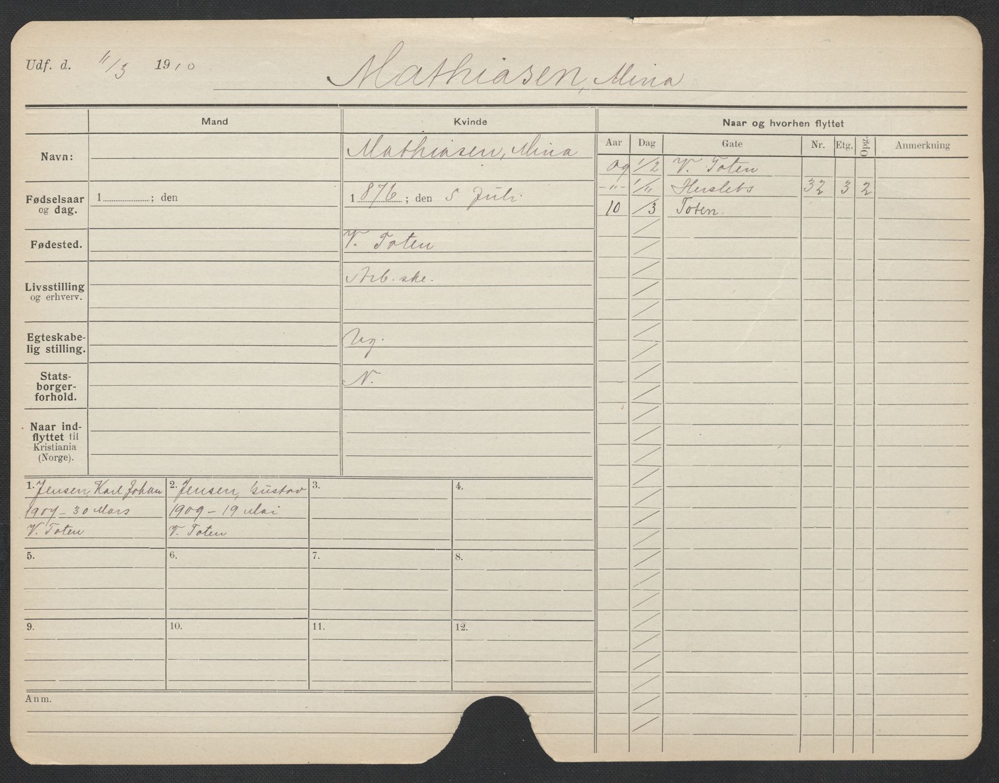 Oslo folkeregister, Registerkort, AV/SAO-A-11715/F/Fa/Fac/L0020: Kvinner, 1906-1914, s. 675a