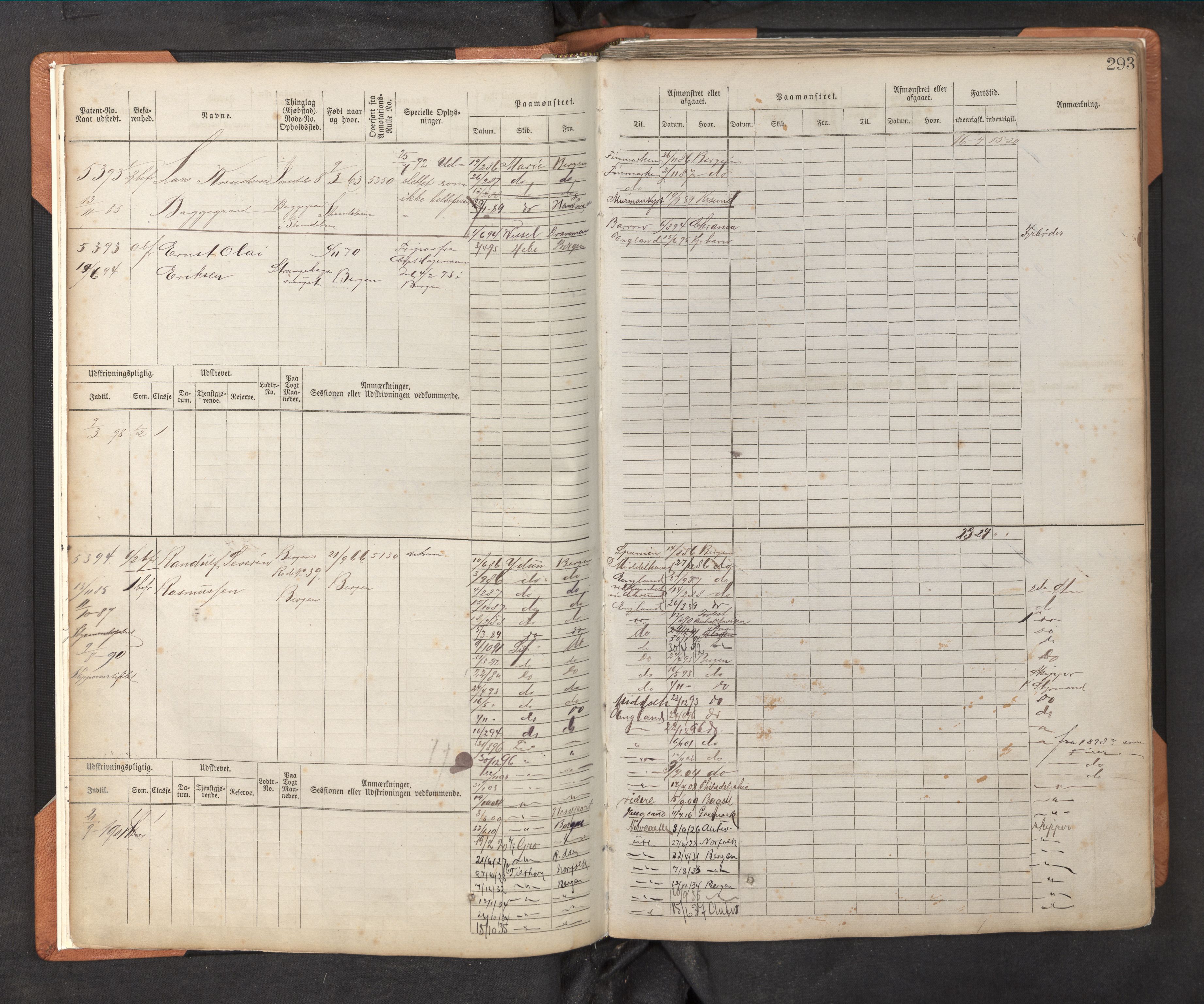 Innrulleringssjefen i Bergen, AV/SAB-A-100050/F/Fc/L0009: Sjøfartshovedrulle, nr. 5391 - 6010, 1882-1889, s. 293