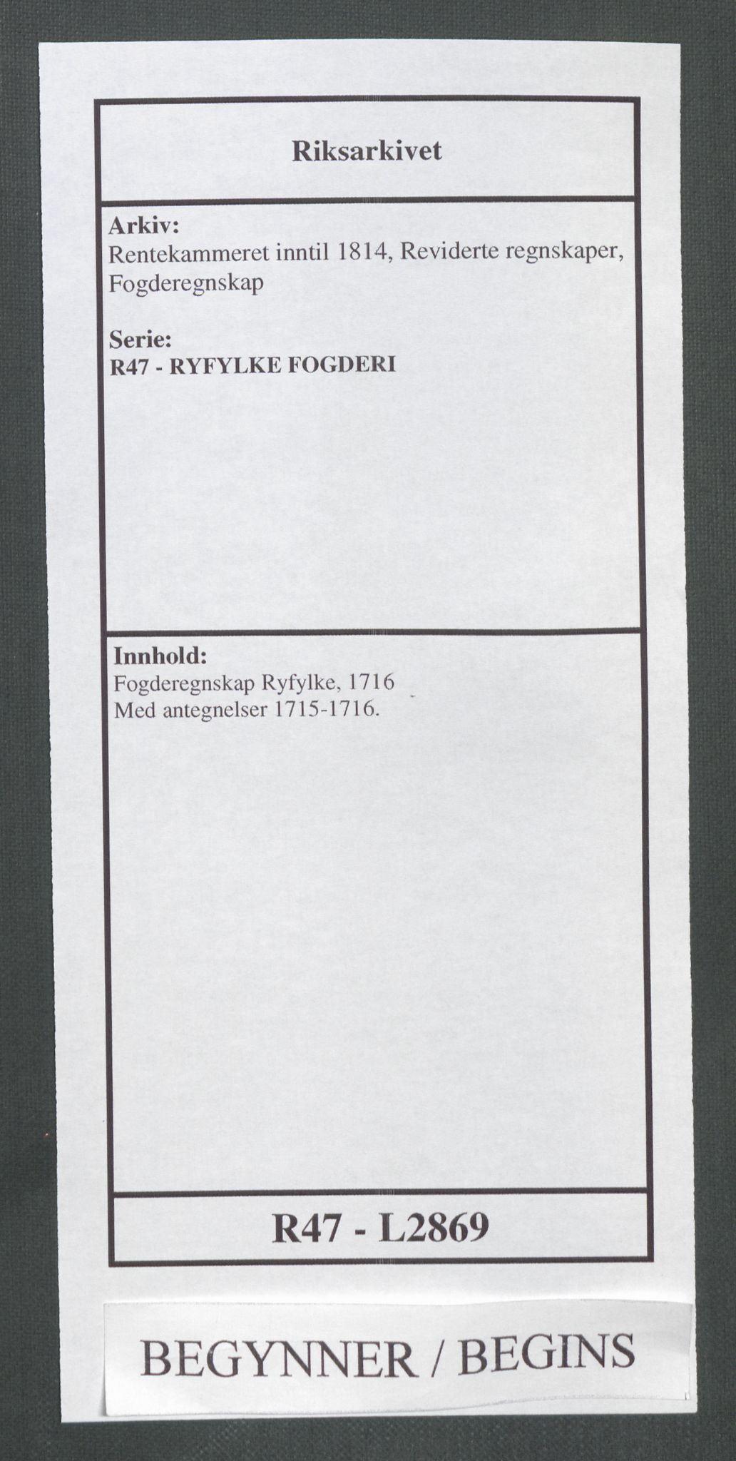 Rentekammeret inntil 1814, Reviderte regnskaper, Fogderegnskap, AV/RA-EA-4092/R47/L2869: Fogderegnskap Ryfylke, 1716, s. 1