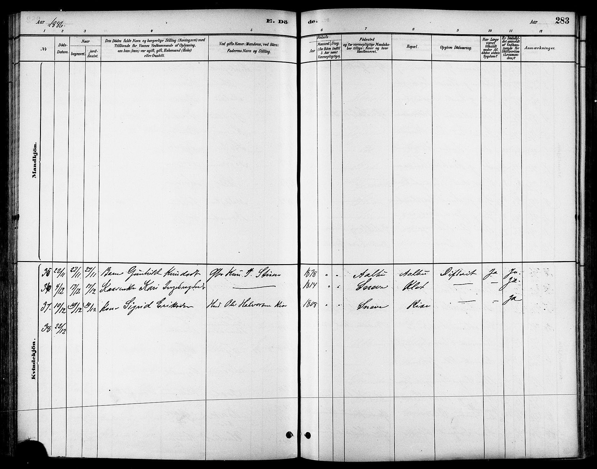 Ministerialprotokoller, klokkerbøker og fødselsregistre - Sør-Trøndelag, AV/SAT-A-1456/678/L0901: Ministerialbok nr. 678A10, 1881-1894, s. 283