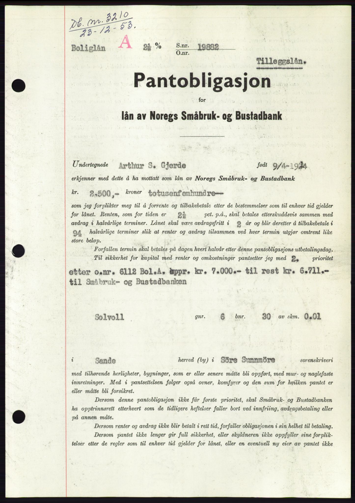 Søre Sunnmøre sorenskriveri, SAT/A-4122/1/2/2C/L0124: Pantebok nr. 12B, 1953-1954, Dagboknr: 3210/1953