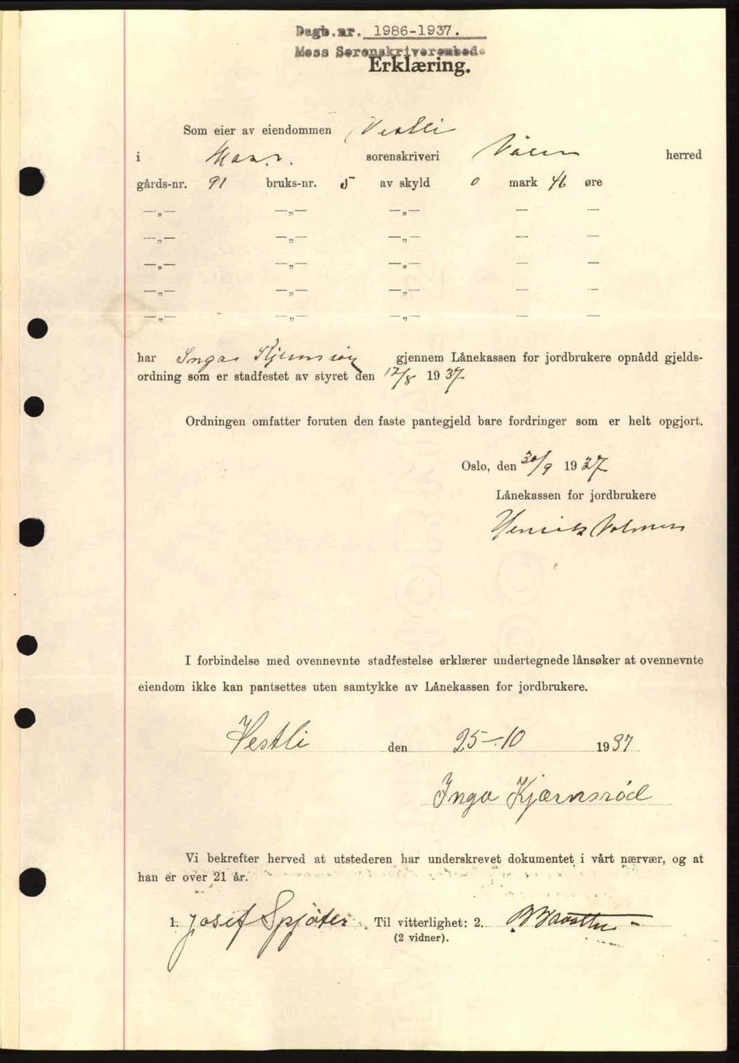 Moss sorenskriveri, SAO/A-10168: Pantebok nr. B4, 1937-1938, Dagboknr: 1986/1937