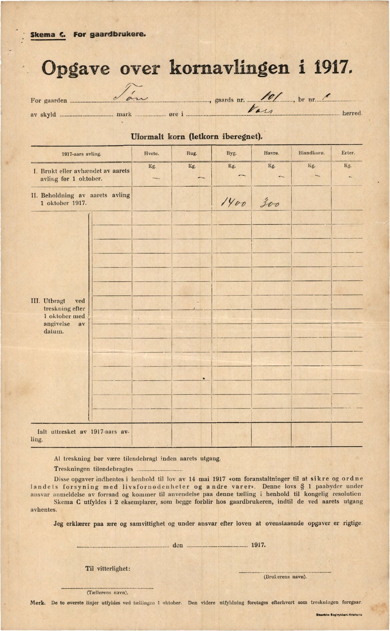 Voss kommune. Provianteringsrådet, IKAH/1235-840/F/Fa/L0001/0005: Kornteljinga. Oppgåve over gardbrukarar / Kornteljinga gnr. 100 Tøn – gnr. 140 Skiple , 1917