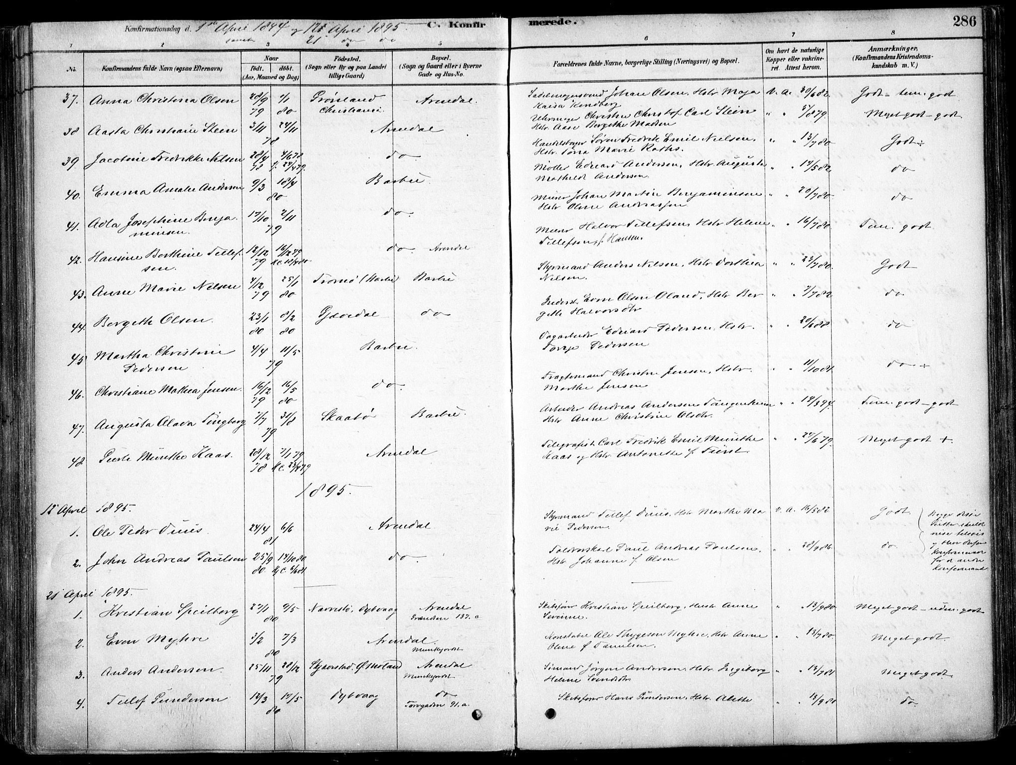 Arendal sokneprestkontor, Trefoldighet, AV/SAK-1111-0040/F/Fa/L0008: Ministerialbok nr. A 8, 1878-1899, s. 286