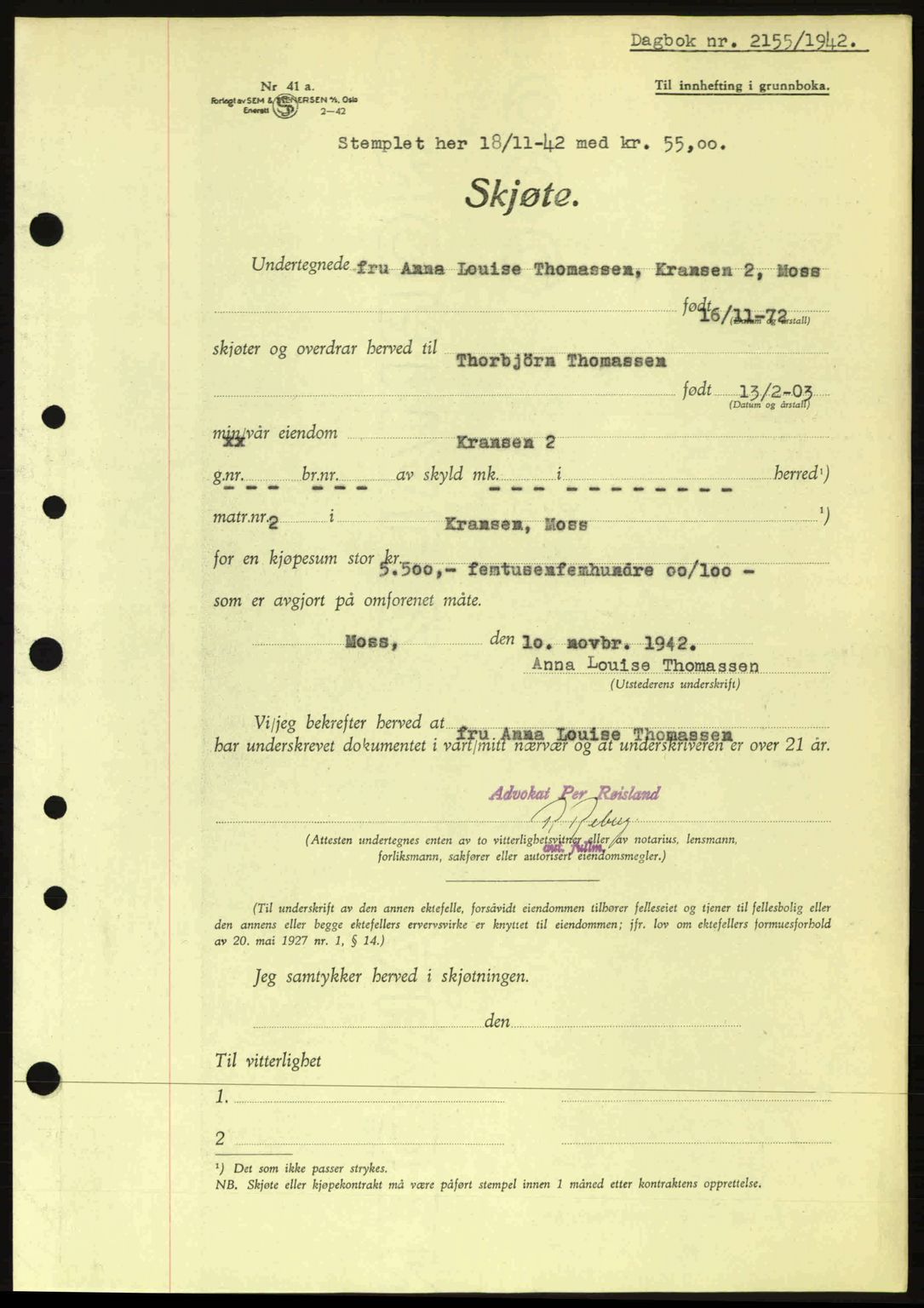 Moss sorenskriveri, SAO/A-10168: Pantebok nr. A10, 1942-1943, Dagboknr: 2155/1942