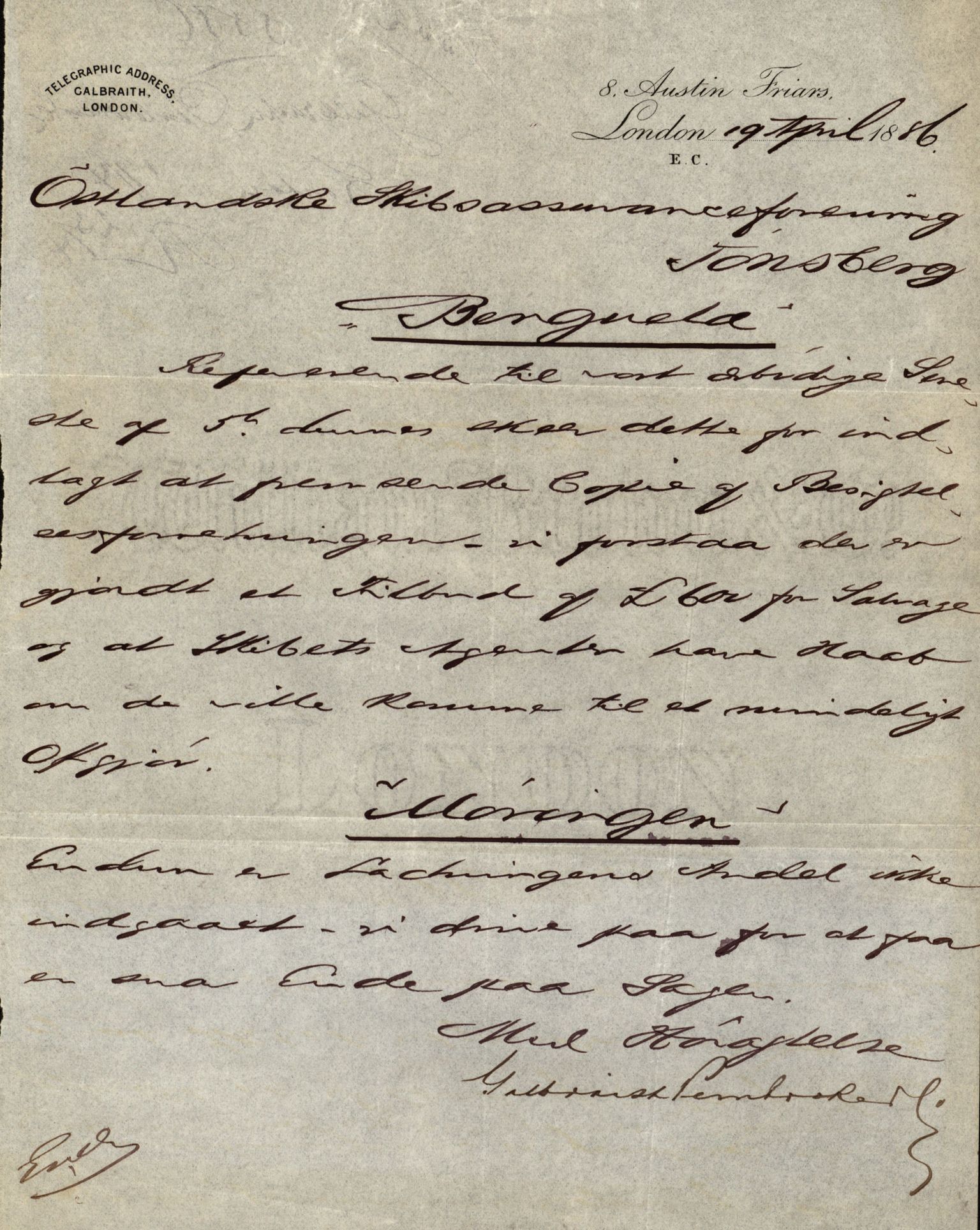 Pa 63 - Østlandske skibsassuranceforening, VEMU/A-1079/G/Ga/L0019/0001: Havaridokumenter / Telanak, Telefon, Ternen, Sir John Lawrence, Benguela, 1886, s. 60