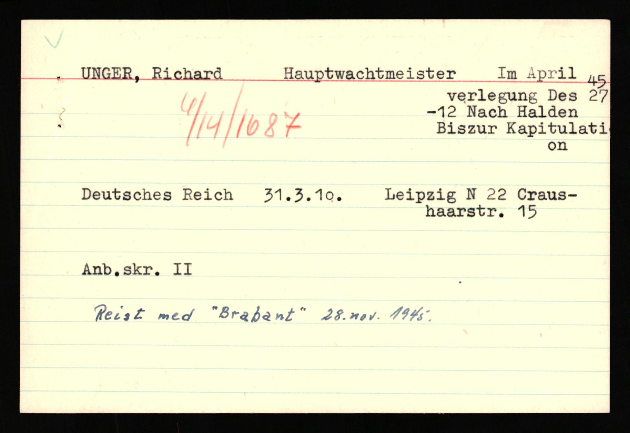 Forsvaret, Forsvarets overkommando II, AV/RA-RAFA-3915/D/Db/L0034: CI Questionaires. Tyske okkupasjonsstyrker i Norge. Tyskere., 1945-1946, s. 193