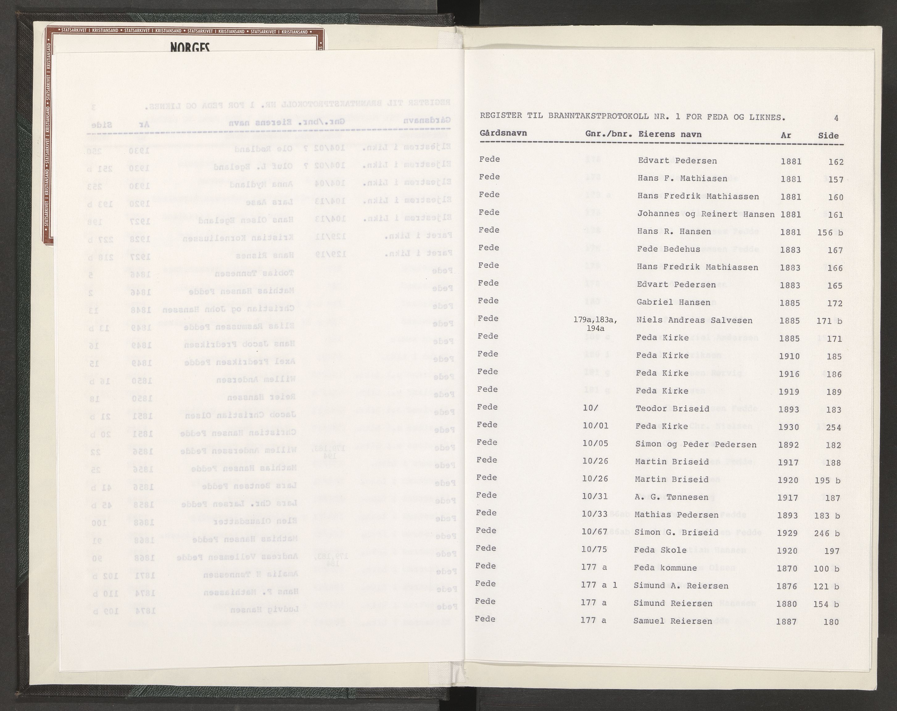 Norges Brannkasse Feda, AV/SAK-2241-0012/F/Fa/L0001: Branntakstprotokoll nr. 1 med gårdsnavnregister, 1846-1931