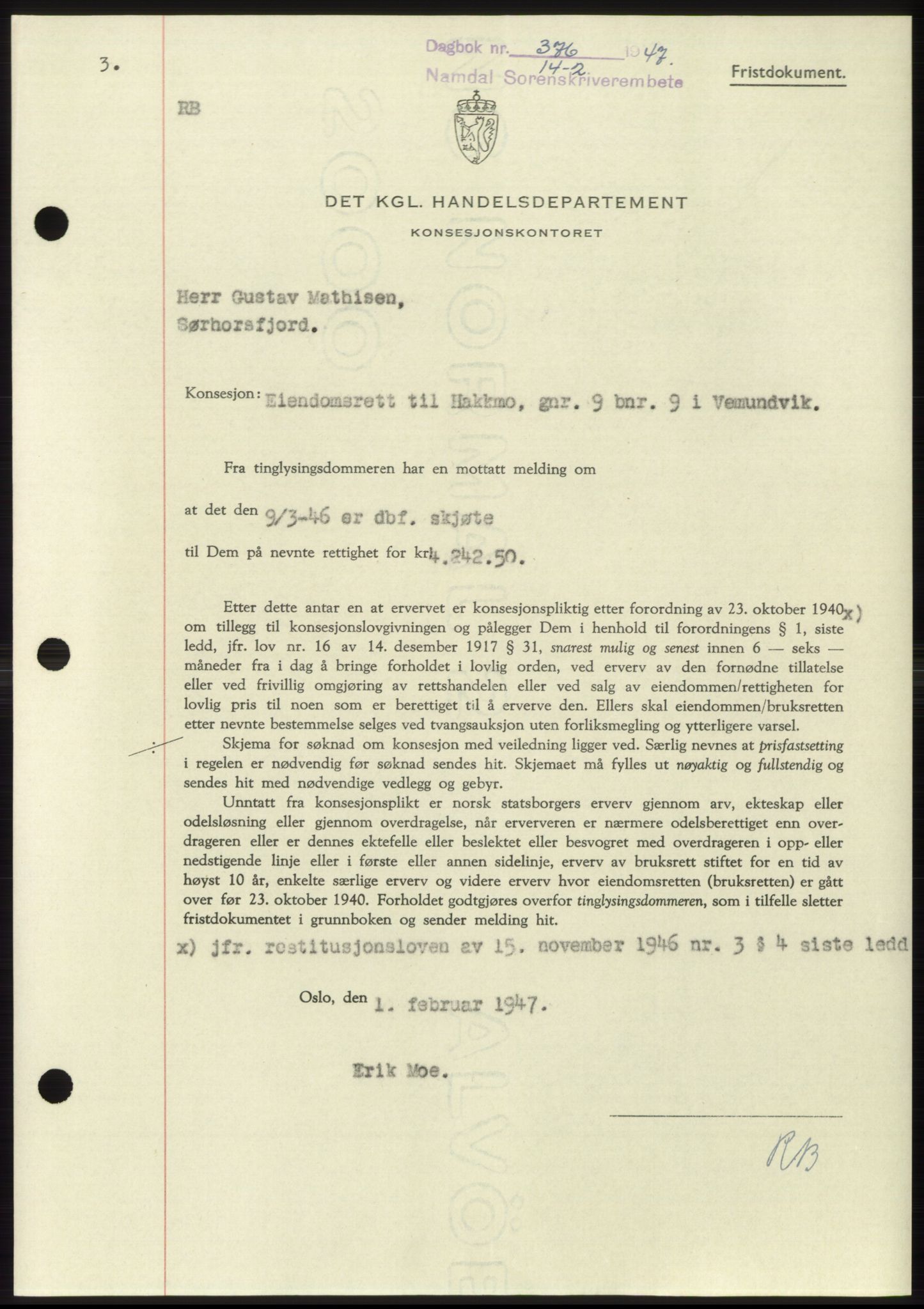 Namdal sorenskriveri, SAT/A-4133/1/2/2C: Pantebok nr. -, 1946-1947, Dagboknr: 376/1947