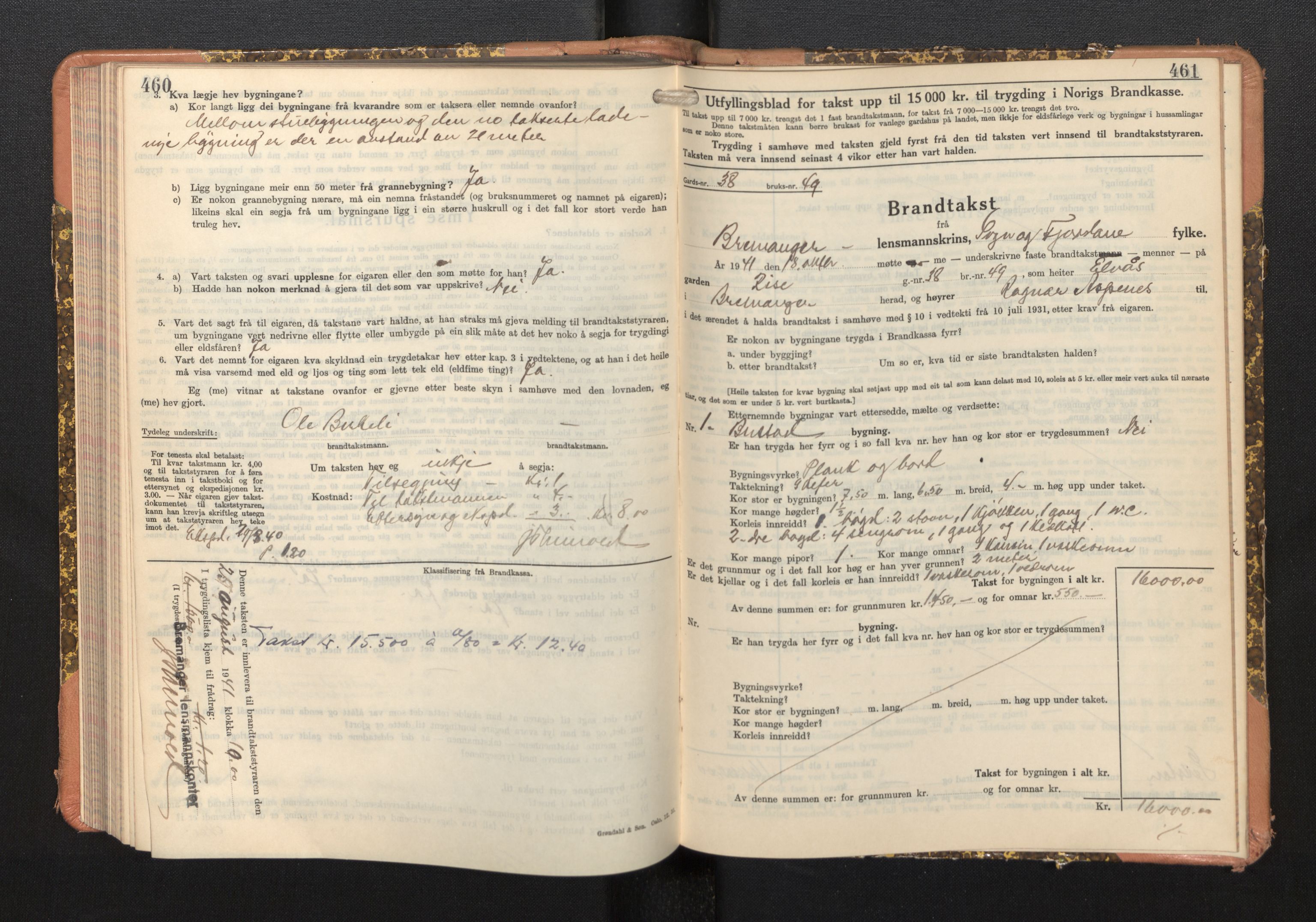 Lensmannen i Bremanger, AV/SAB-A-26701/0012/L0008: Branntakstprotokoll, skjematakst, 1937-1942, s. 460-461