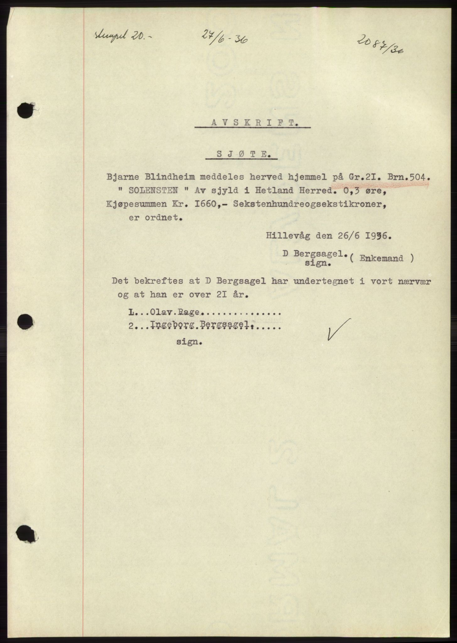Jæren sorenskriveri, SAST/A-100310/03/G/Gba/L0065: Pantebok nr. 71, 1936-1936, Dagboknr: 2087/1936