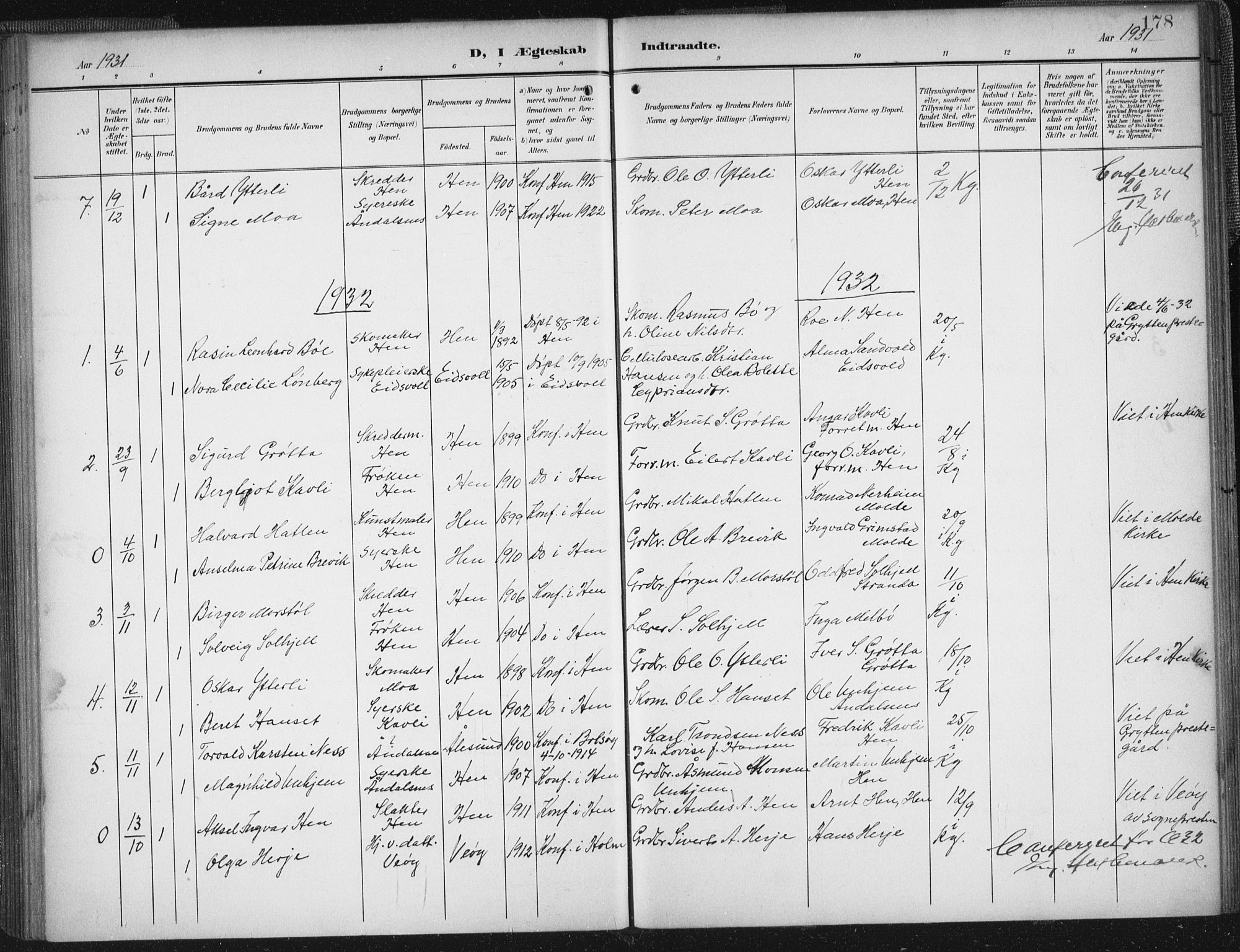 Ministerialprotokoller, klokkerbøker og fødselsregistre - Møre og Romsdal, SAT/A-1454/545/L0589: Klokkerbok nr. 545C03, 1902-1937, s. 178