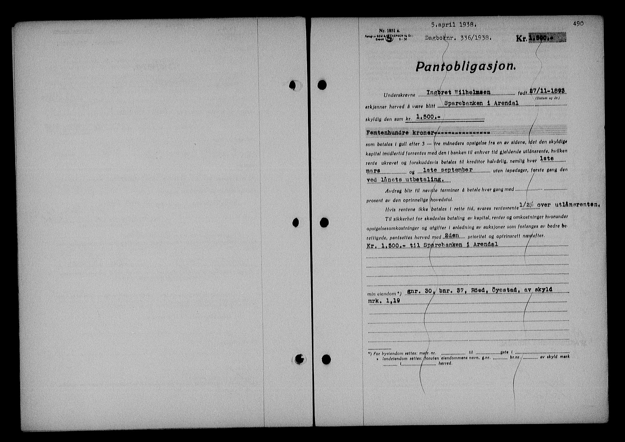 Nedenes sorenskriveri, SAK/1221-0006/G/Gb/Gba/L0044: Pantebok nr. 40, 1937-1938, Dagboknr: 336/1938