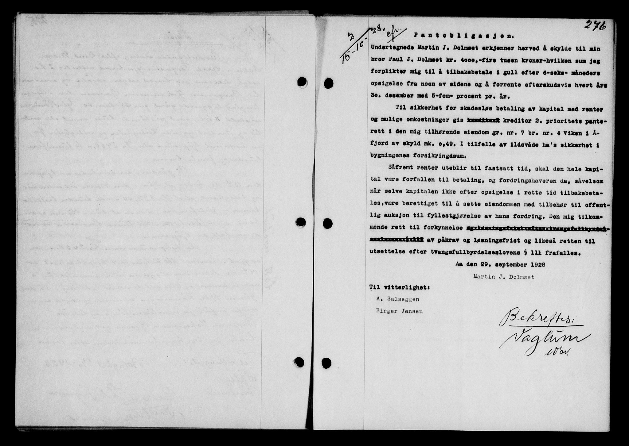 Fosen sorenskriveri, AV/SAT-A-1107/1/2/2C/L0067: Pantebok nr. 58, 1928-1929, s. 276, Tingl.dato: 15.10.1928