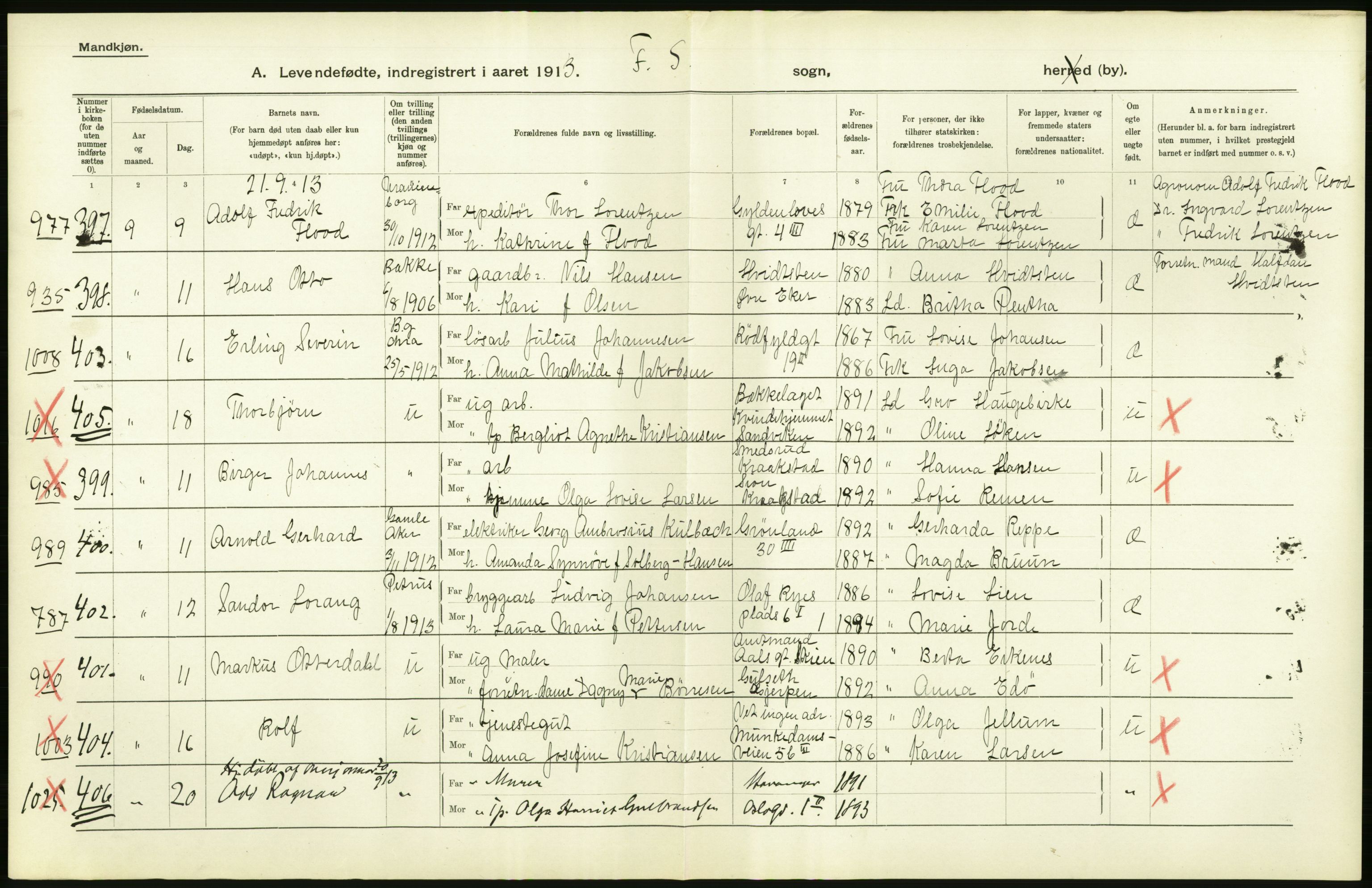 Statistisk sentralbyrå, Sosiodemografiske emner, Befolkning, AV/RA-S-2228/D/Df/Dfb/Dfbc/L0007: Kristiania: Levendefødte menn og kvinner., 1913, s. 44