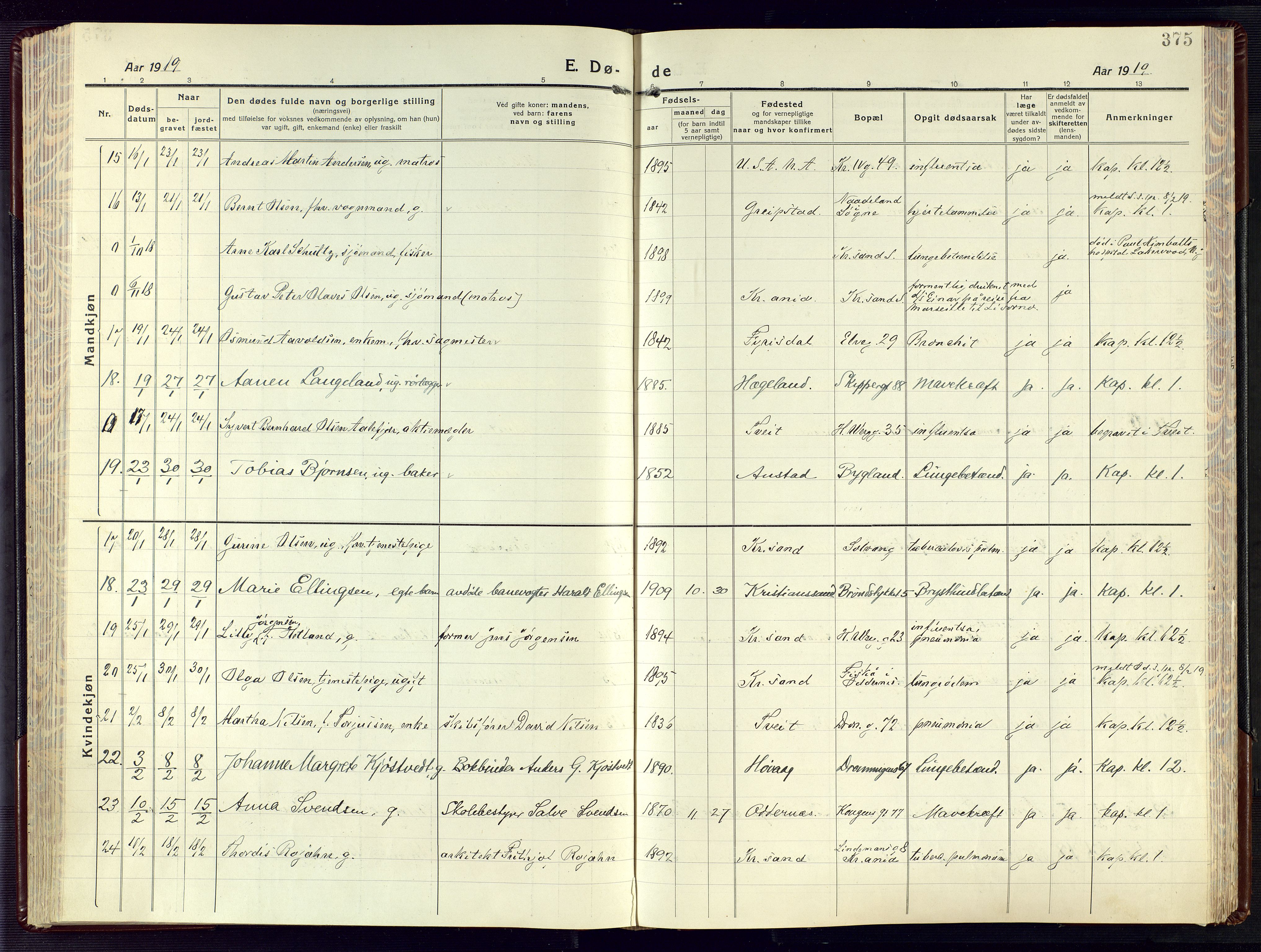 Kristiansand domprosti, AV/SAK-1112-0006/F/Fa/L0028: Ministerialbok nr. A 27, 1917-1926, s. 375