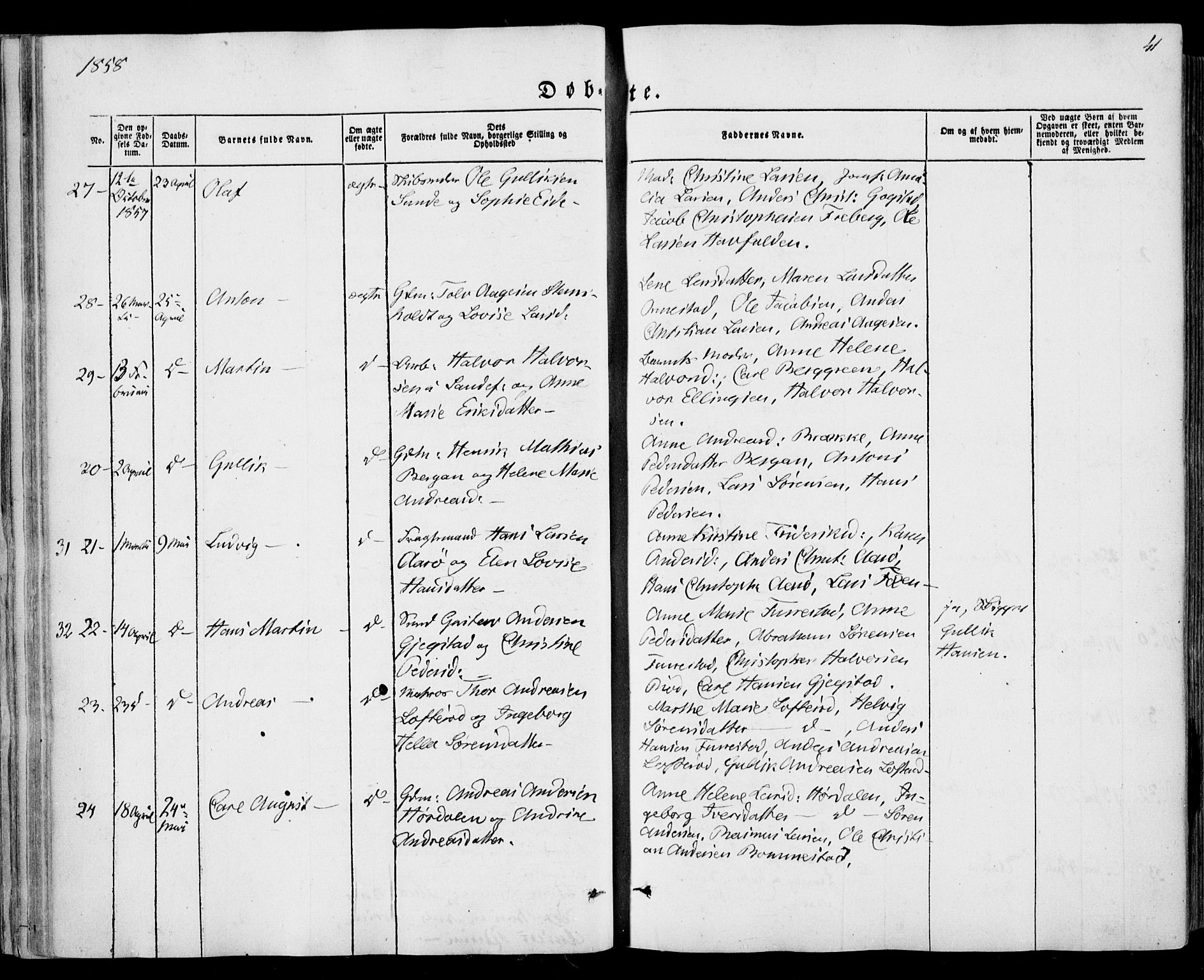 Sandar kirkebøker, AV/SAKO-A-243/F/Fa/L0007: Ministerialbok nr. 7, 1855-1861, s. 41