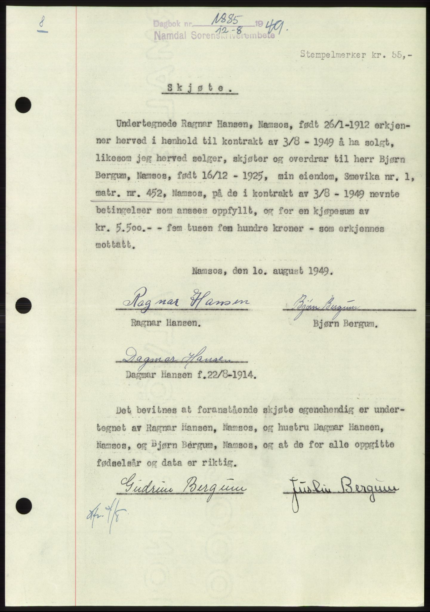 Namdal sorenskriveri, SAT/A-4133/1/2/2C: Pantebok nr. -, 1949-1949, Dagboknr: 1885/1949