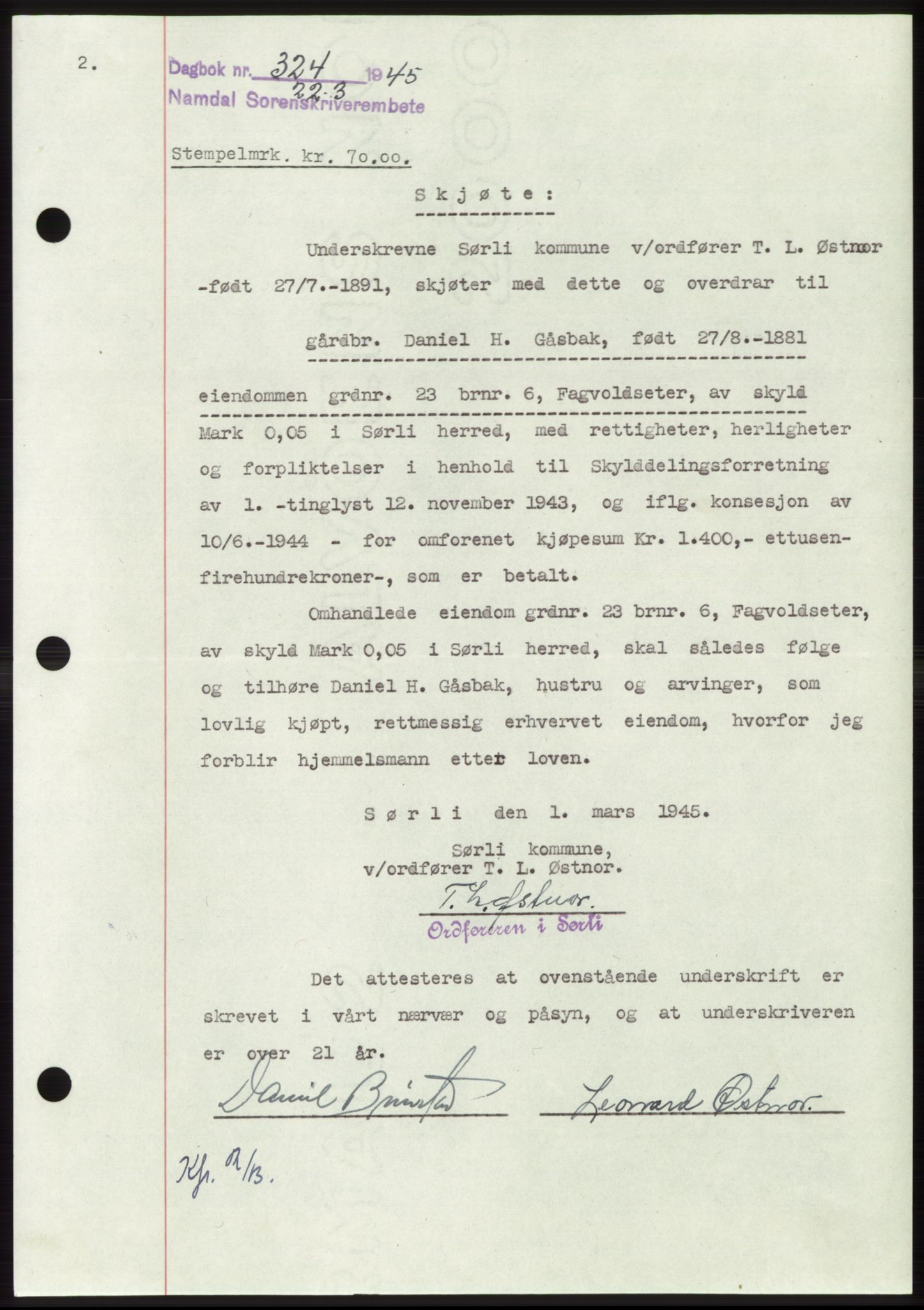 Namdal sorenskriveri, SAT/A-4133/1/2/2C: Pantebok nr. -, 1944-1945, Dagboknr: 324/1945