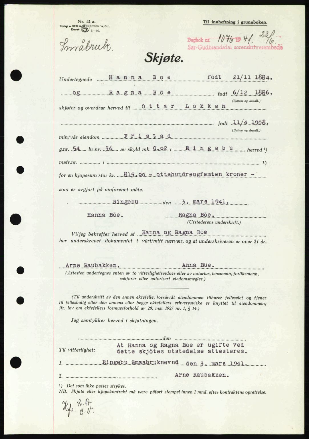 Sør-Gudbrandsdal tingrett, SAH/TING-004/H/Hb/Hbd/L0009: Pantebok nr. A9, 1941-1941, Dagboknr: 1076/1941