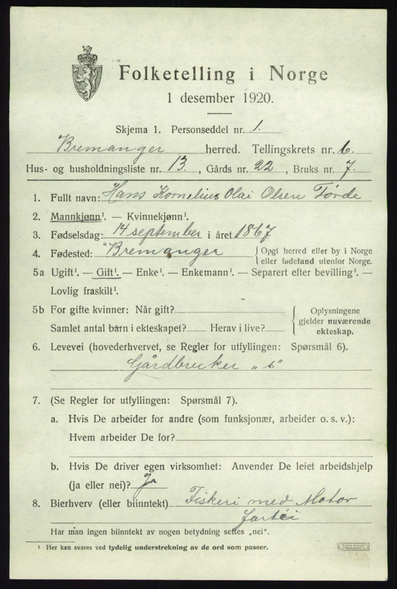 SAB, Folketelling 1920 for 1438 Bremanger herred, 1920, s. 4166