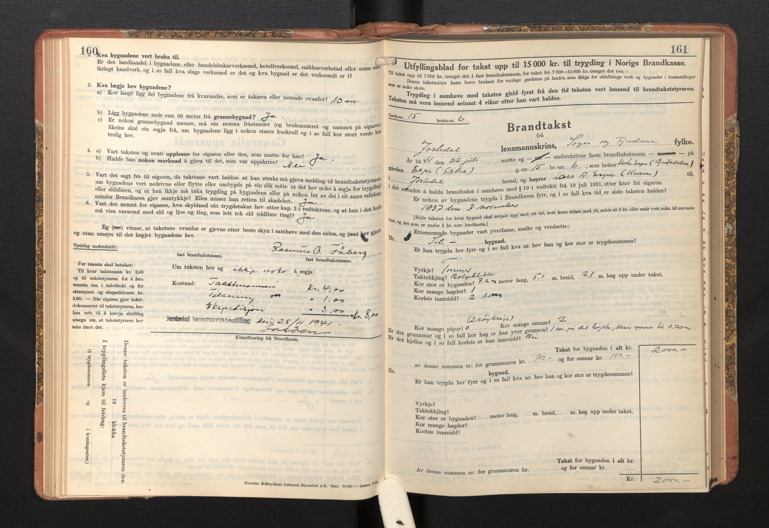 Lensmannen i Jostedal, SAB/A-28601/0012/L0006: Branntakstprotokoll, skjematakst, 1936-1948, s. 160-161