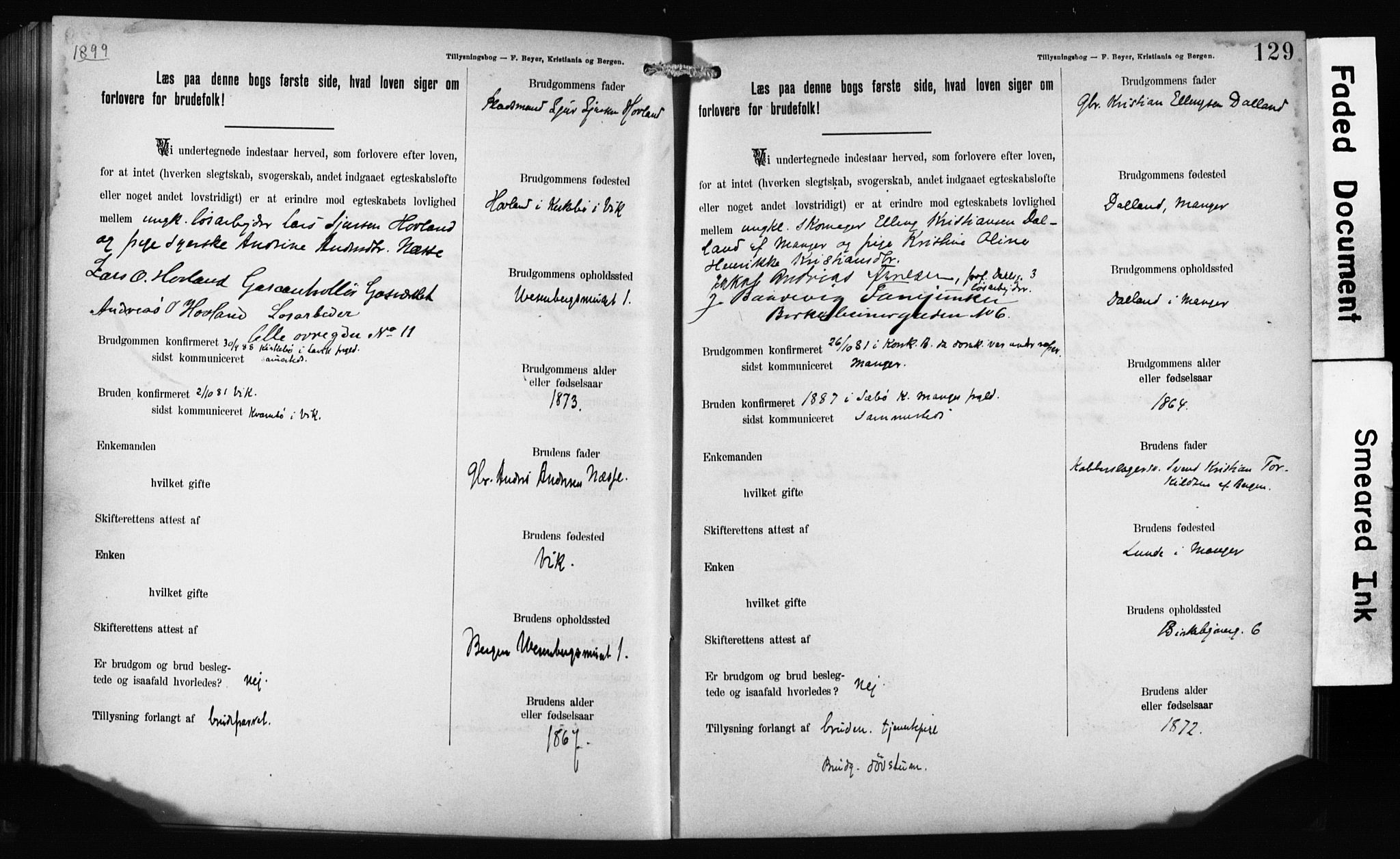 Mariakirken Sokneprestembete, SAB/A-76901: Forlovererklæringer nr. II.5.1, 1891-1901, s. 129