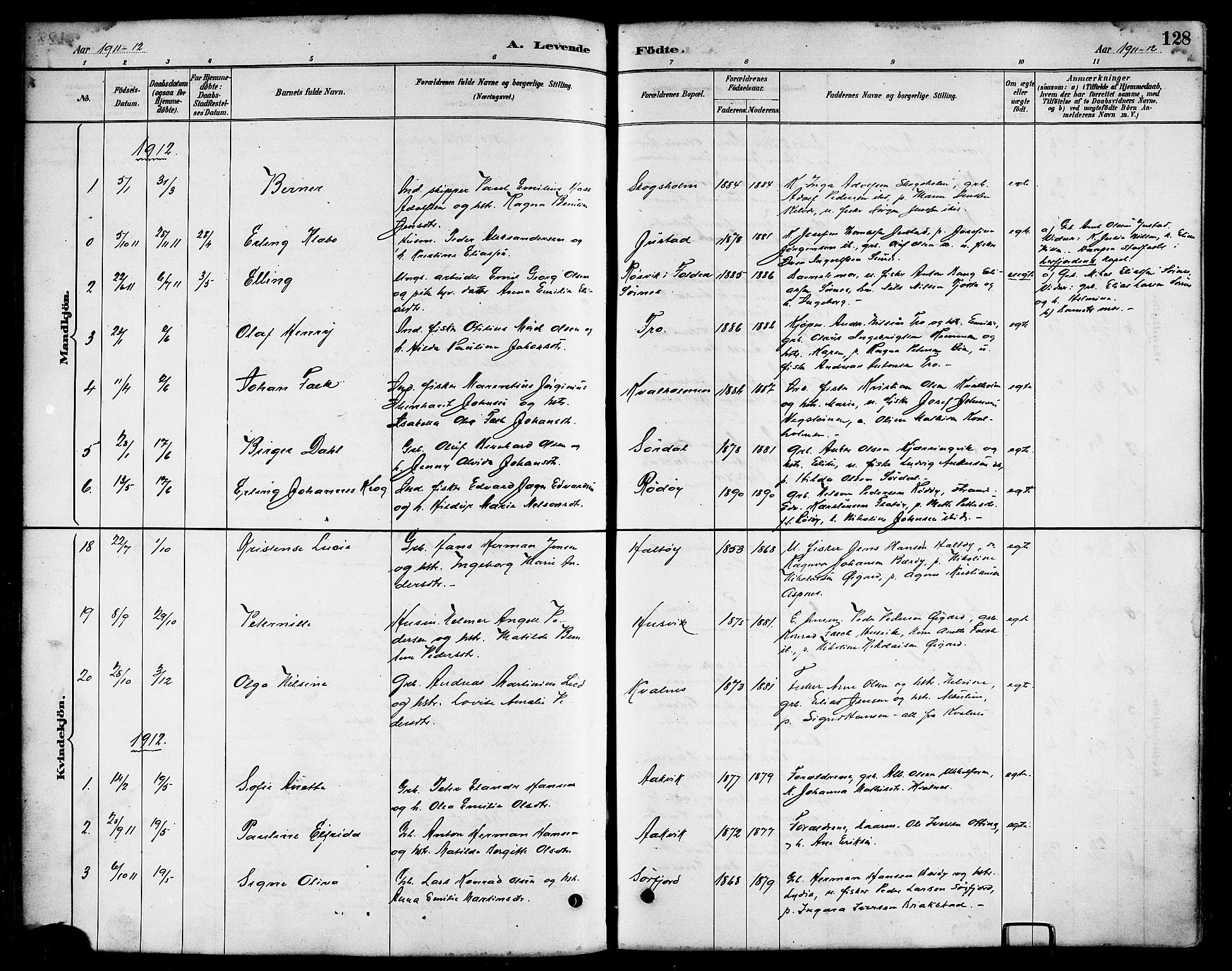 Ministerialprotokoller, klokkerbøker og fødselsregistre - Nordland, SAT/A-1459/817/L0268: Klokkerbok nr. 817C03, 1884-1920, s. 128