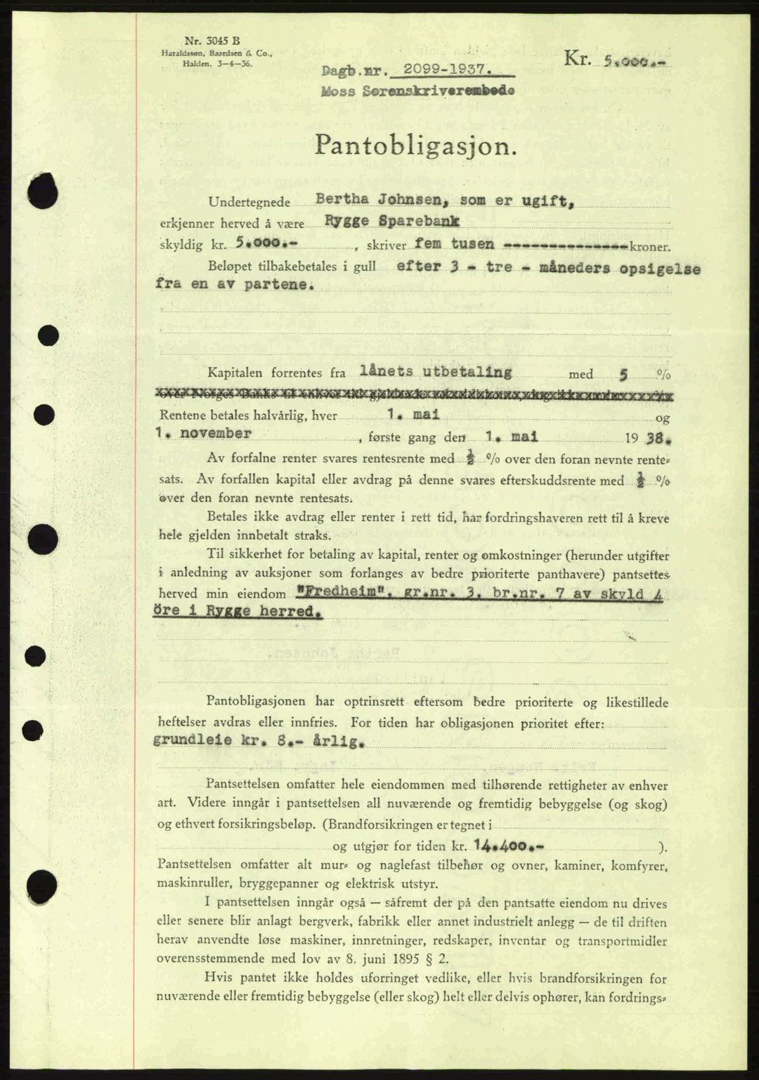 Moss sorenskriveri, SAO/A-10168: Pantebok nr. B4, 1937-1938, Dagboknr: 2099/1937