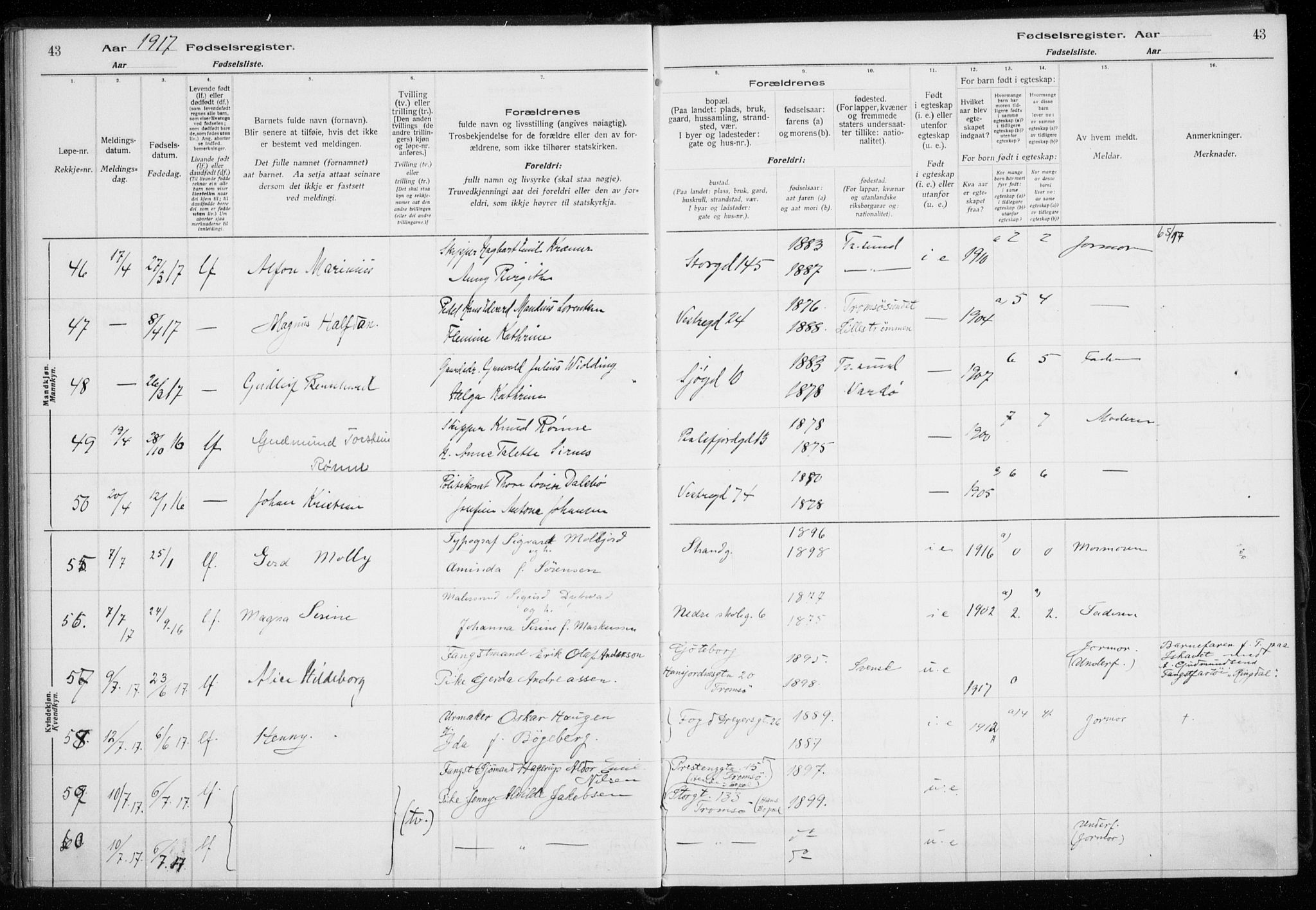 Tromsø sokneprestkontor/stiftsprosti/domprosti, AV/SATØ-S-1343/H/Ha/L0131: Fødselsregister nr. 131, 1916-1921, s. 43