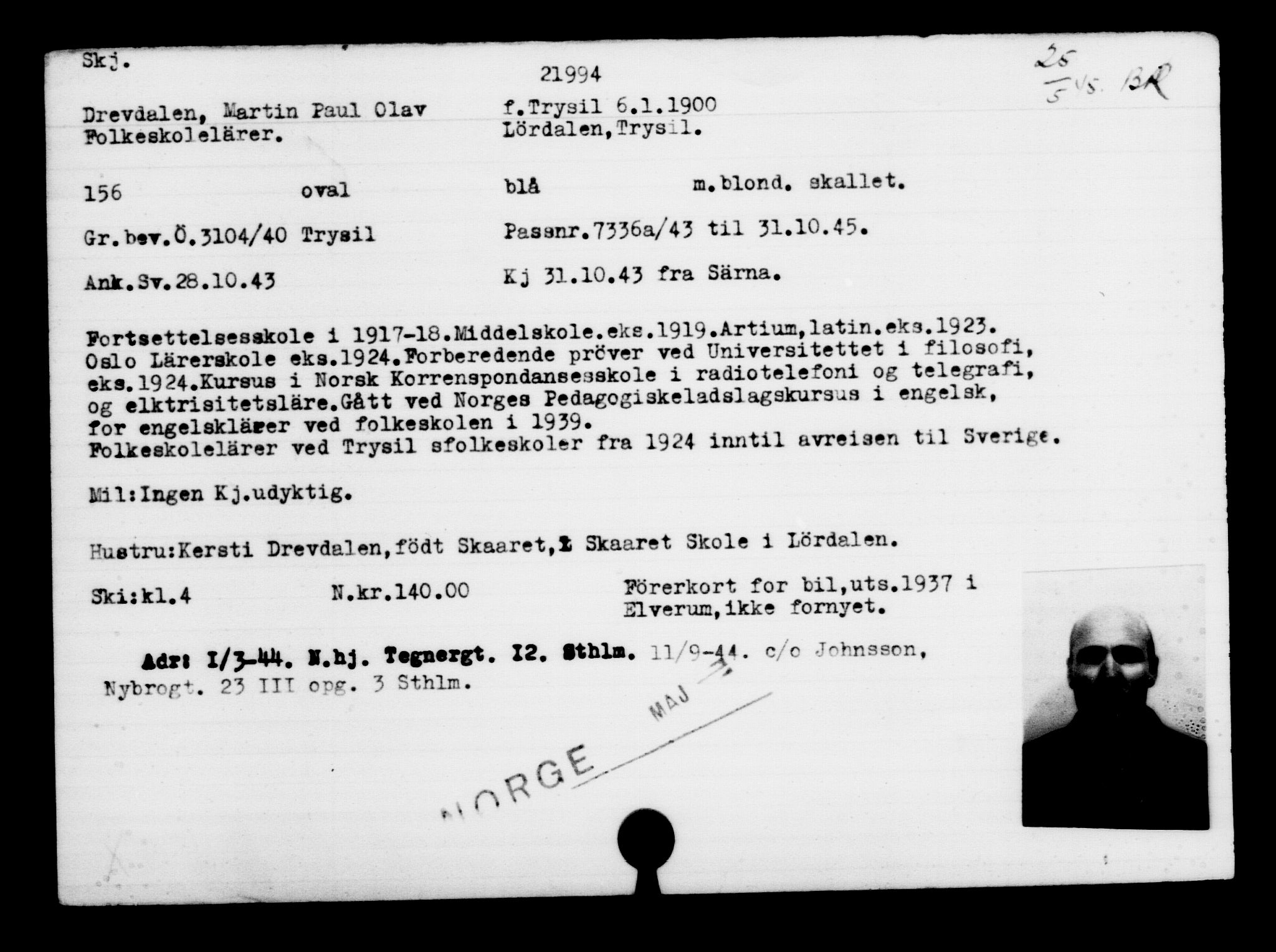 Utenriksstasjonene, Legasjonen i Stockholm, Flyktningkontoret, AV/RA-S-6753/V/Va/L0009: Kjesäterkartoteket, flyktninger med registreringsnr. 18502-22048, 1940-1945, s. 3039