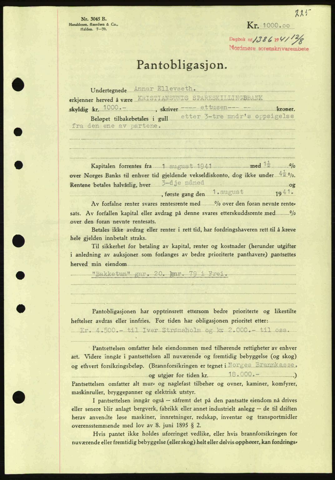 Nordmøre sorenskriveri, SAT/A-4132/1/2/2Ca: Pantebok nr. B88, 1941-1942, Dagboknr: 1386/1941