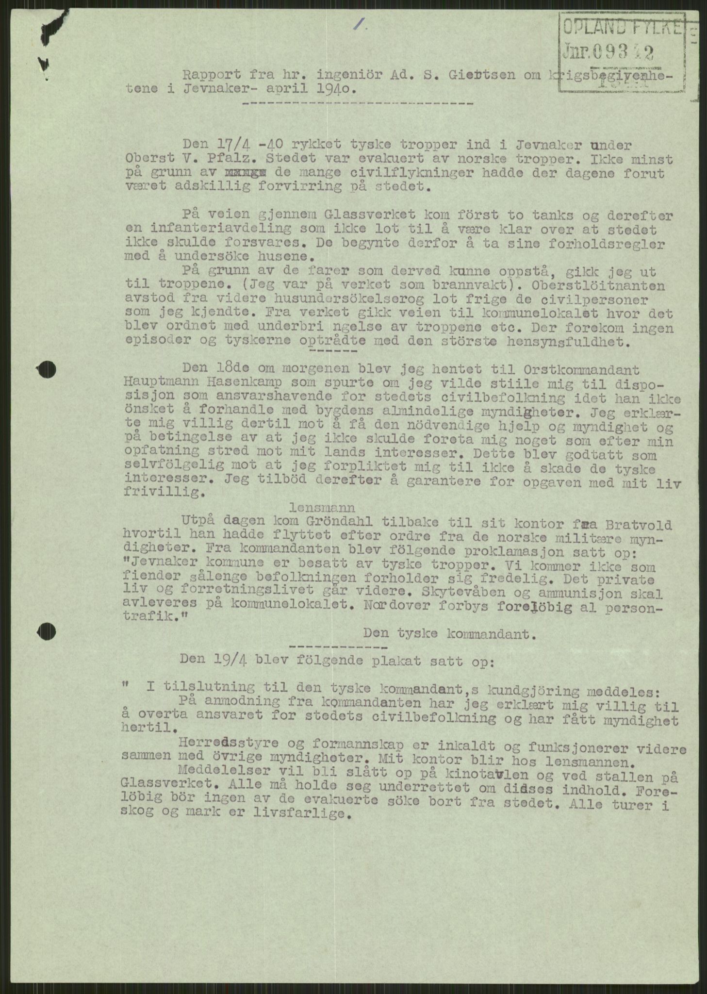 Forsvaret, Forsvarets krigshistoriske avdeling, AV/RA-RAFA-2017/Y/Ya/L0014: II-C-11-31 - Fylkesmenn.  Rapporter om krigsbegivenhetene 1940., 1940, s. 181