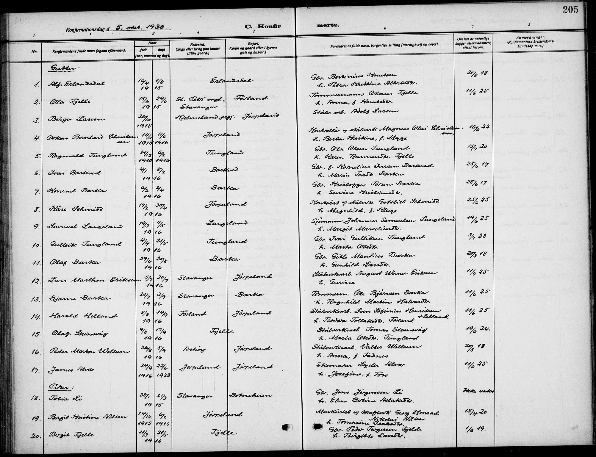 Strand sokneprestkontor, AV/SAST-A-101828/H/Ha/Haa/L0011: Ministerialbok nr. A 11, 1908-1930, s. 205