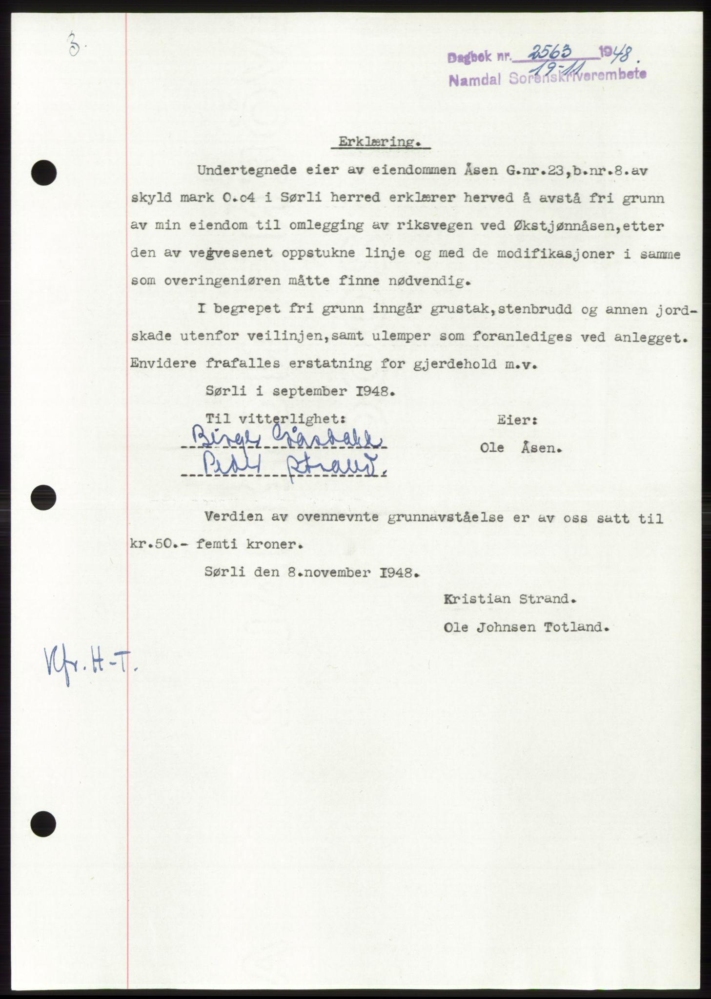 Namdal sorenskriveri, SAT/A-4133/1/2/2C: Pantebok nr. -, 1948-1948, Dagboknr: 2563/1948