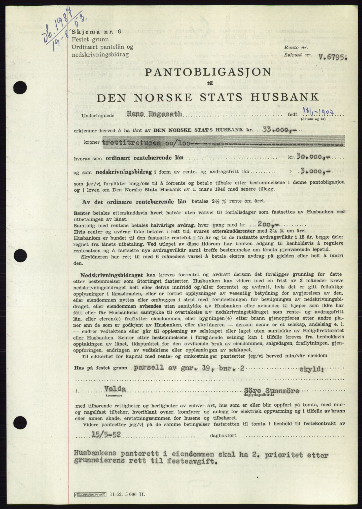 Søre Sunnmøre sorenskriveri, SAT/A-4122/1/2/2C/L0123: Pantebok nr. 11B, 1953-1953, Dagboknr: 1987/1953