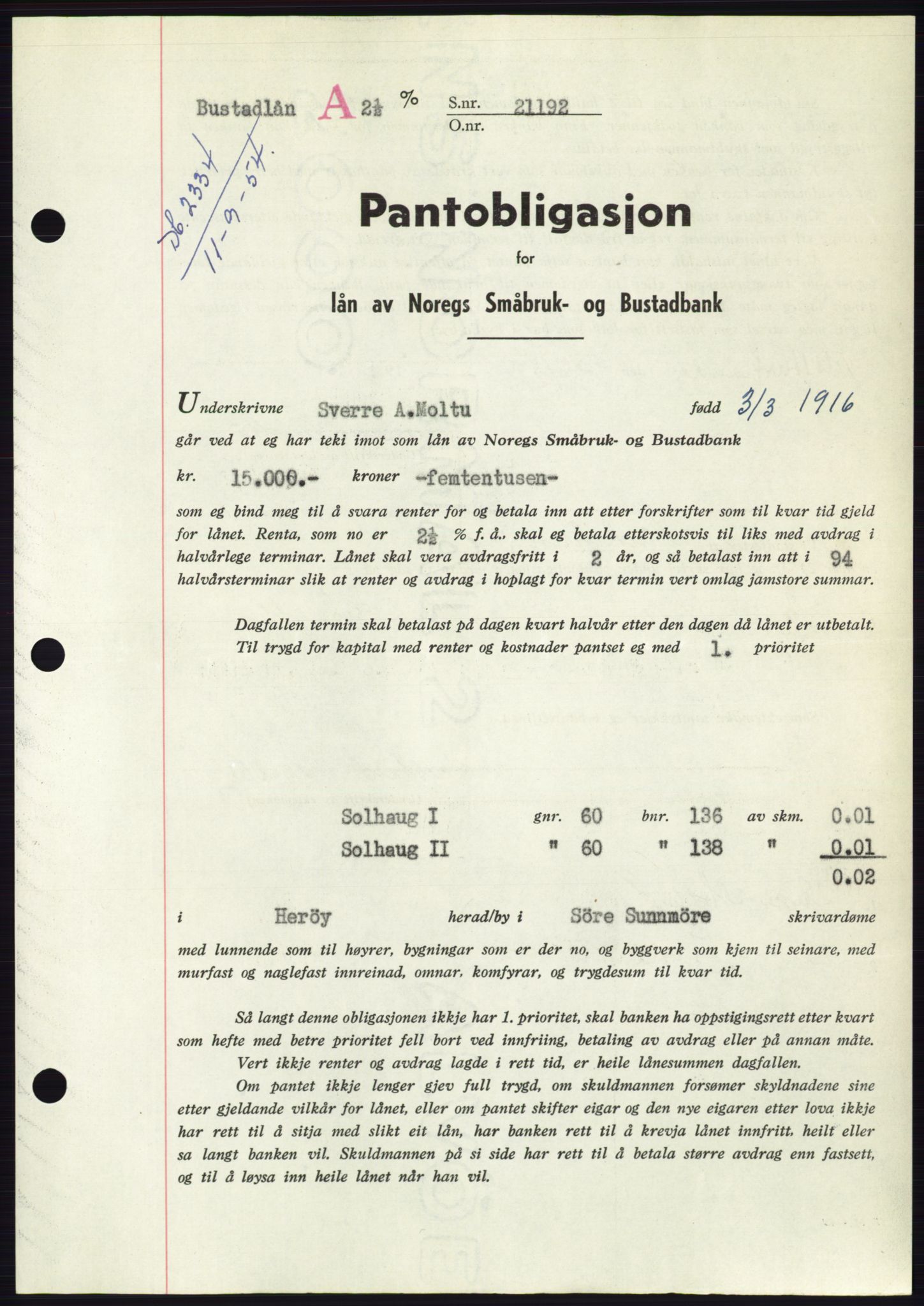 Søre Sunnmøre sorenskriveri, SAT/A-4122/1/2/2C/L0125: Pantebok nr. 13B, 1954-1954, Dagboknr: 2334/1954