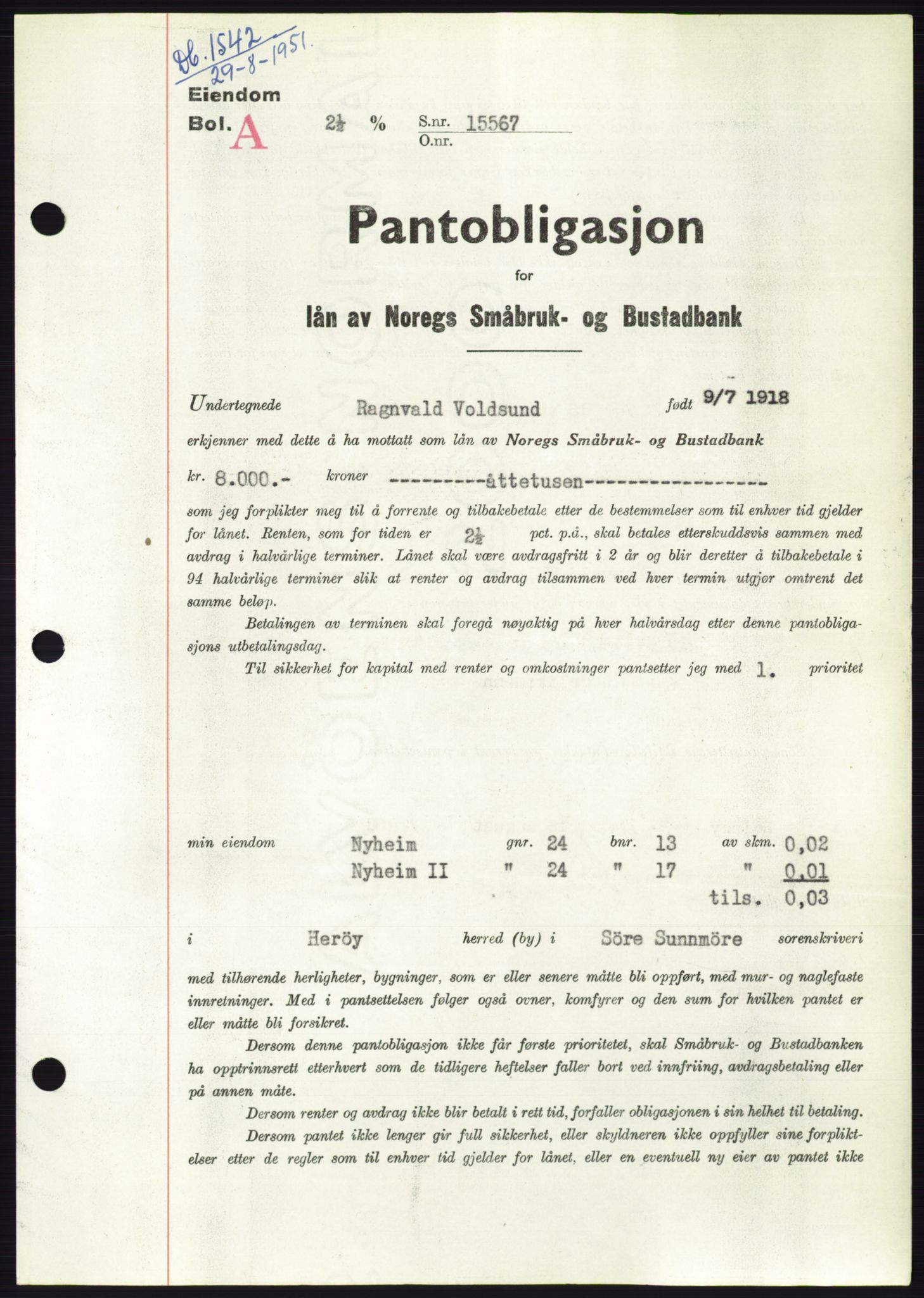 Søre Sunnmøre sorenskriveri, SAT/A-4122/1/2/2C/L0120: Pantebok nr. 8B, 1951-1951, Dagboknr: 1542/1951